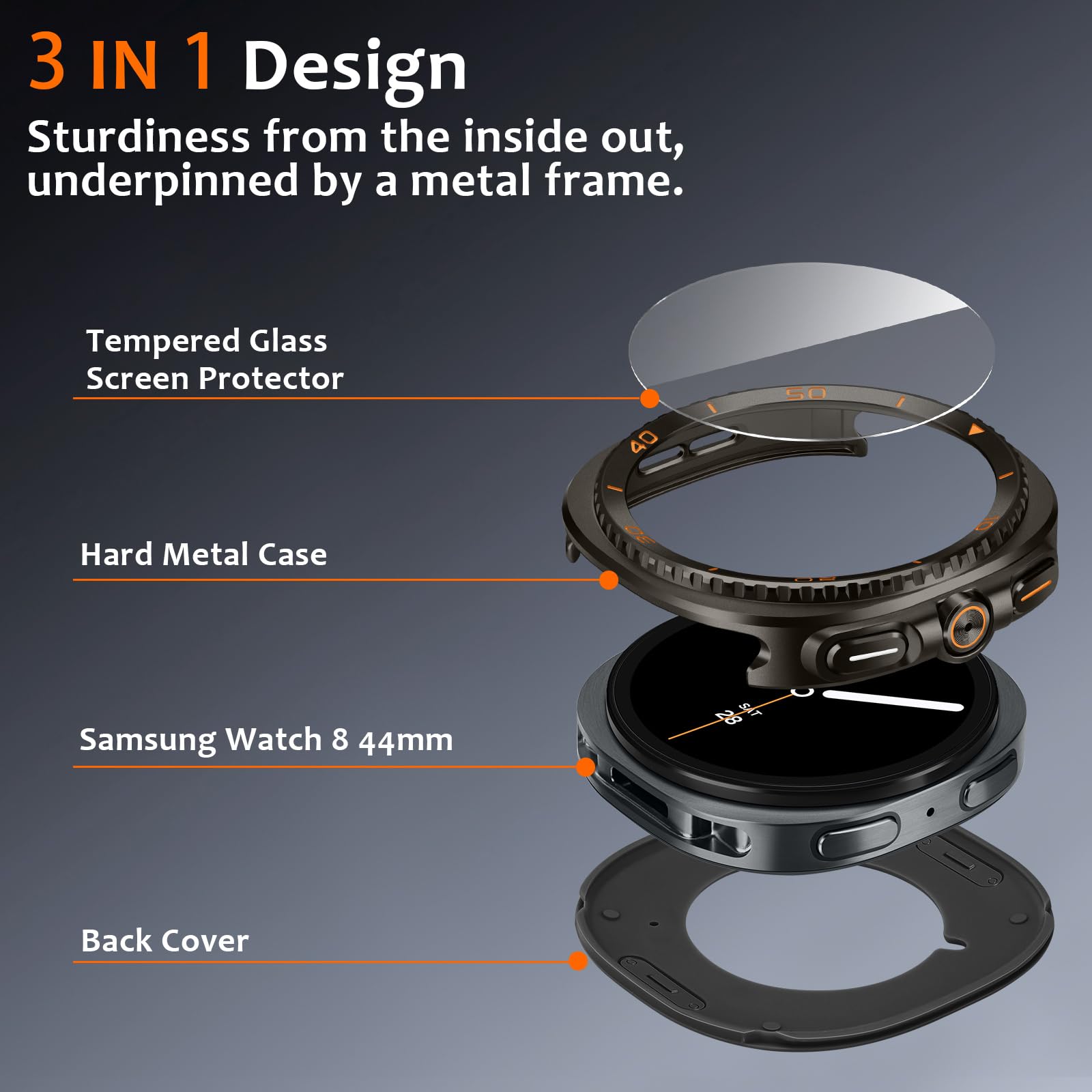 3 in 1 Métal Coque Compatible avec Samsung Galaxy Watch 8 44mm avec protection d'écran, Robuste Bumper Rayure Résistant Protecteur Coque pour Galaxy Watch 8, Graphite/Orange