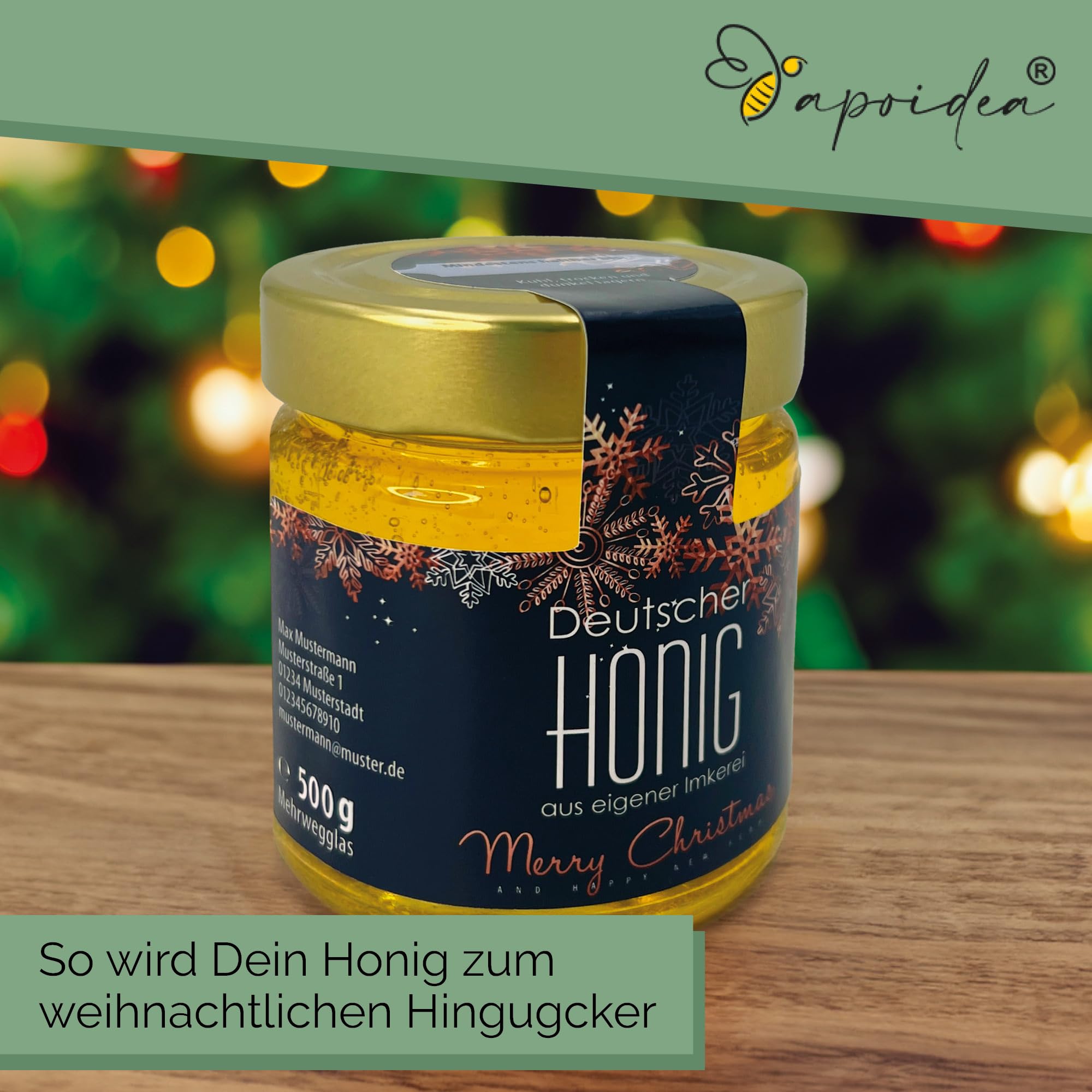 Apoidea – Honig Etiketten 500g mit Weihnachtsmotiv & Gewährverschluss selbstklebend & personalisierbar - 300 Stück/Etiketten Honiggläser/Honig Aufkleber für selbstgemachten Honig/Honigetiketten