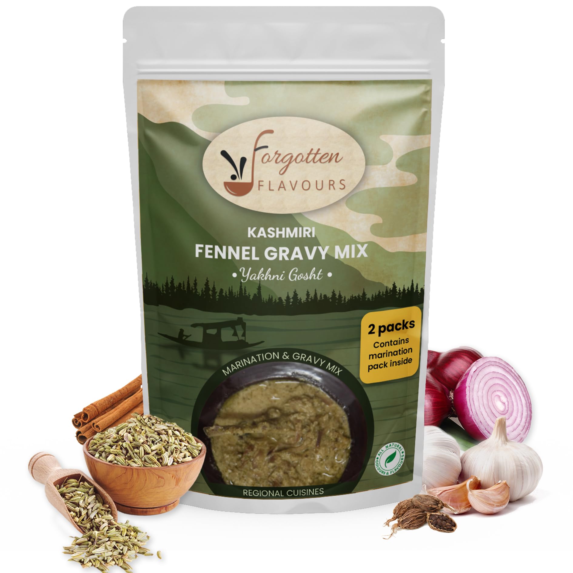 Forgotten Flavours - Kashmiri Yakhni Masala Gravy Mix | 3 Step Instant Ready to Cook Fennel Masala Powder Gravy Mix | No Preservatives | Perfect for Mutton, Chicken, or Paneer | Serves 2-3 | 2 Pack