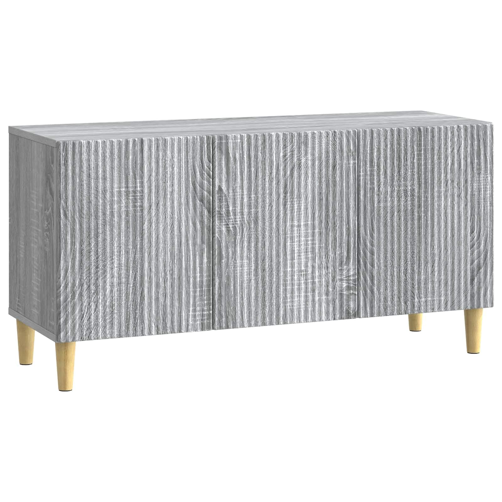 Mobile TV basso grigio sonoma, 99 x 34,5 x 50 cm, mobile TV con 3 ante e gambe coniche, mobile TV in legno, mobile TV vintage per soggiorno e camera da letto