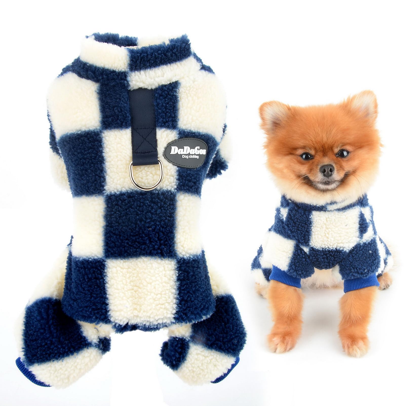 SMALLLEE_LUCKY_STORE Classic Checkered Fleece Dog Pajamas Pjs with Leash Ring for Small Dog Cat Winter Fall Pet Four-Leg Jumpsuit Puppy Pullover Sweater Yorkie Chihuahua Warm Clothes,Blue,XXL