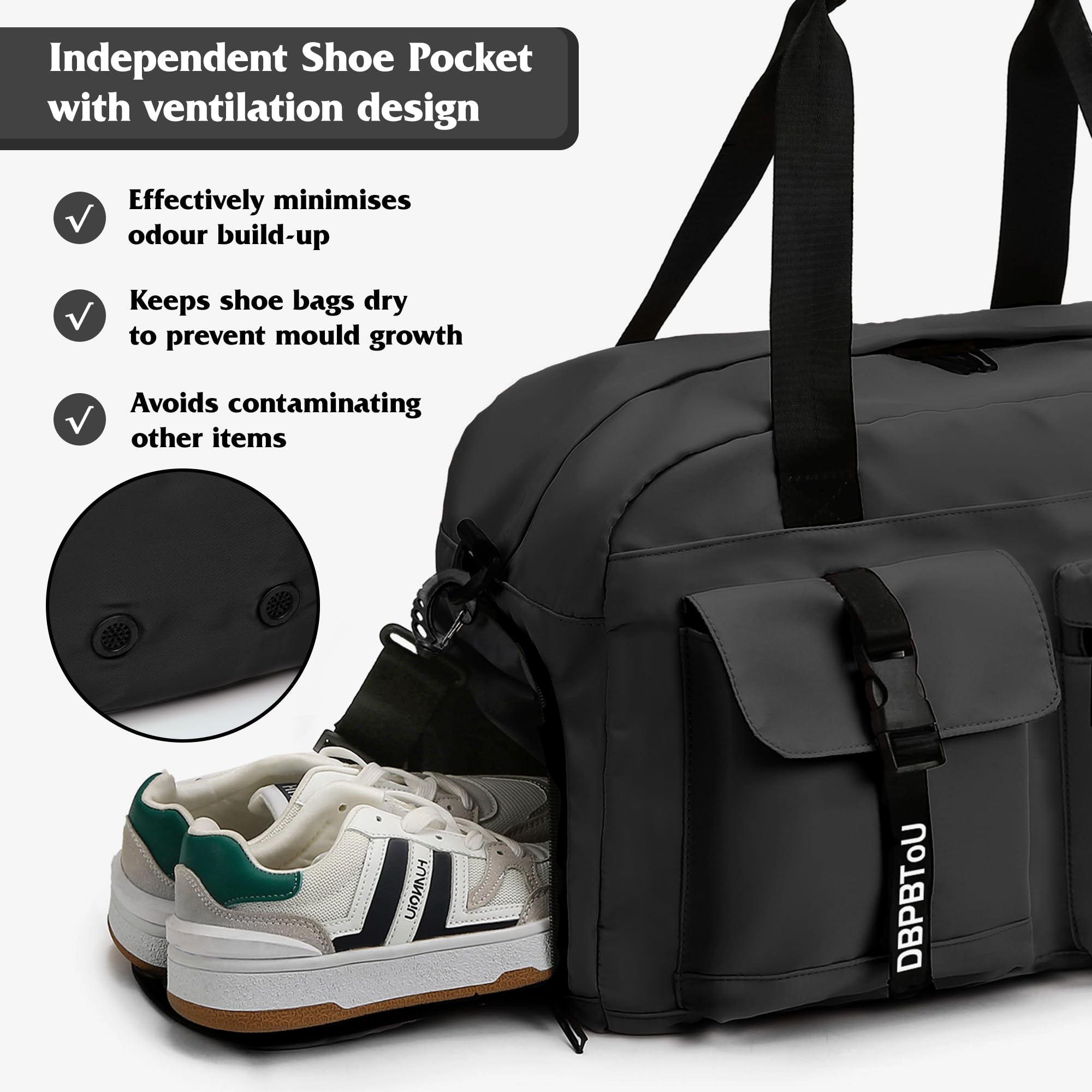 Sac de Sport Femme Homme, Sac Sport avec Compartiment à Chaussures de Ventilation, Sac de Voyage Femme Imperméable avec Compartiment Humide (Noir)