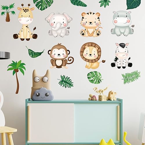 Miniatura 4 de 9 hojas de calcomanías de pared de animales de safari para bebé, animales de la selva, elefante, cebra, jirafa, hipopótamo, hoja de león, decoración