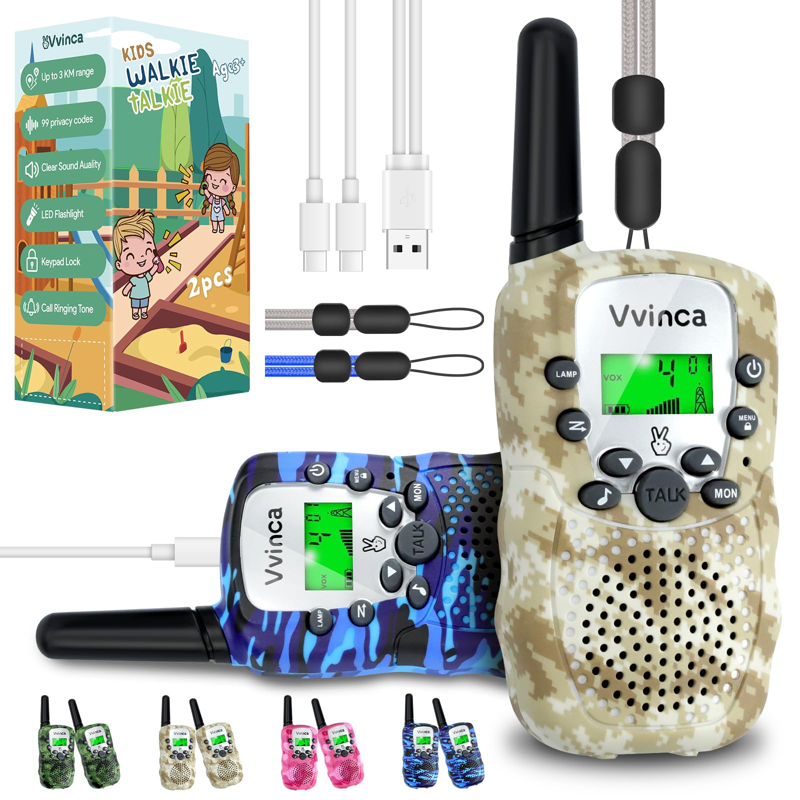 Vvinca Walkie Talkies for Kids Rechargeable 2 Pack, Army Toys for Boys Girls Ages 3-13 Outdoor Military Camping Toy, 3KM Long Range Walkie-Talkie 2 Way Radios 22 CH with Flashlight Birthday Gift