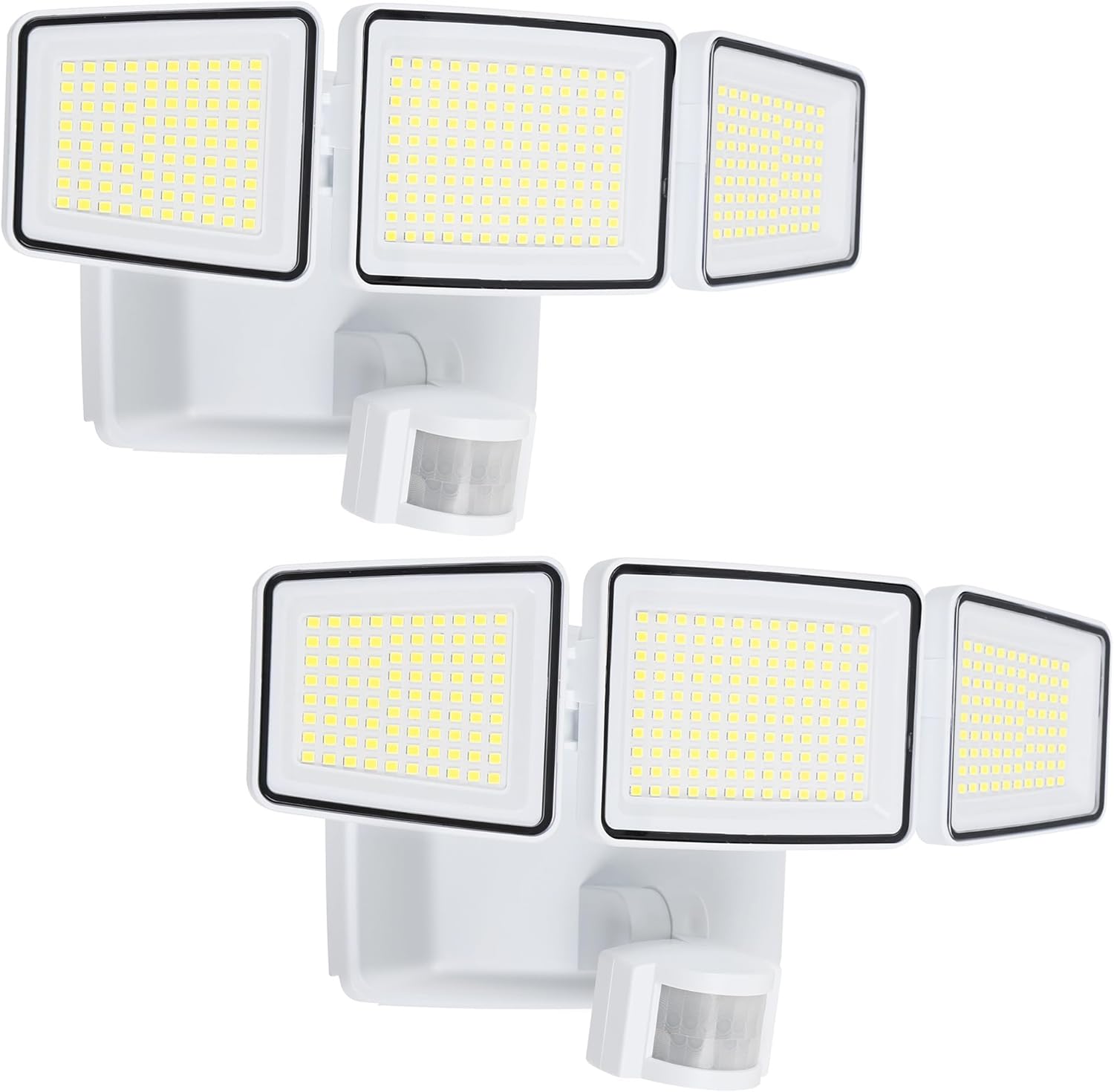 UME Battery Powered Motion Sensor Outdoor Lights 302 LED 1800LM, IP65 Waterproof Battery Operated Flood Lights Outdoor, 3 Heads Security Motion Light with 3 Modes for Garden Patio Yard, 2 Pack (White)