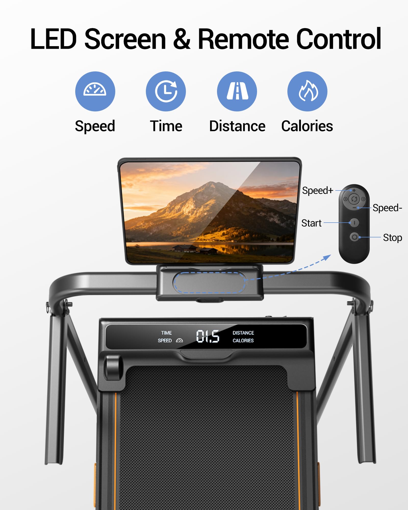 CURSOR Tapis de course pliable inclinable 16%, 10KM/H Tapis de Marche Pliable Inclinable, Avec Affichage LED, Télécommande, 3.0HP Treadmill Walking Pad, 4 en 1 Tapis de Marche Bureau, 136KG Max Charge