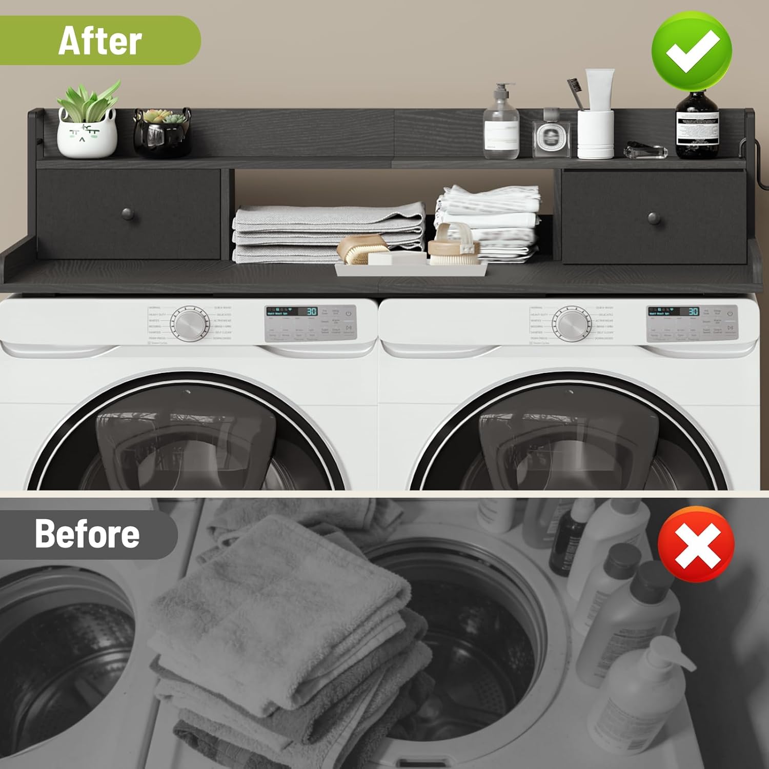 2-Tier Washer Dryer Countertop with 2 Drawers & Shelf, 2 Hooks, 27.7" D x 54" W Laundry Topper, Wooden Washer and Dryer Shelf for Folding Clothes and Storage, Easy to Install, Black