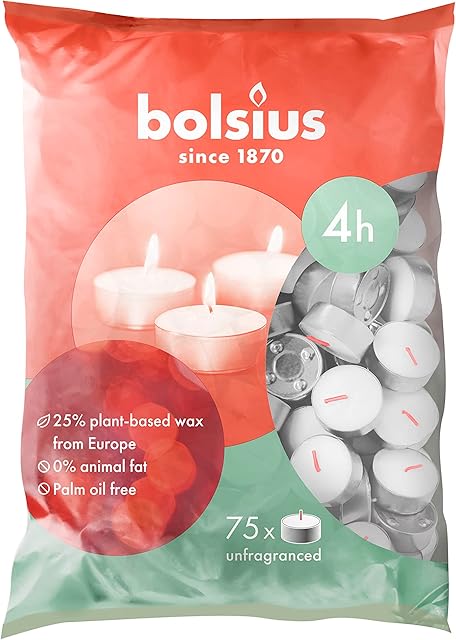 Bolsius D-Light Tea Lights - Pack of 75 - in Bag - Burning Time 4 Hours - Decorative Household Candles - White - Natural Plant Wax - Without Palm Oil