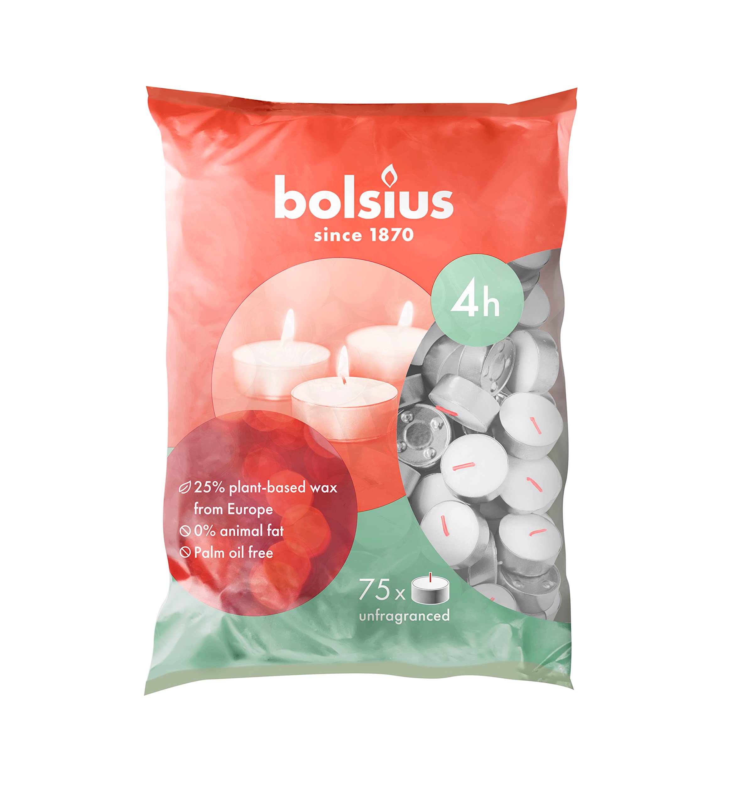 Bolsius D-Light - Velas de té - paquete de 75 unidades - tiempo de combustión 4 horas - velas decorativas para el hogar - color blanco - cera vegetal natural - sin aceite de palma
