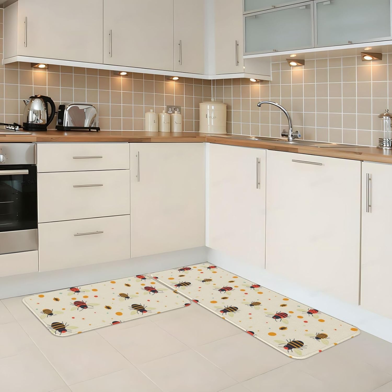 Cute Colorful Coccinellidae Print Kitchen Rugs Sets of 2 Non Slip Washable, Anti Fatigue Kitchen Mats for Floor, Home Decor