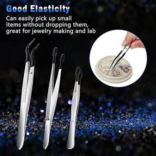 Miniatura 4 de 3 pinzas de punta con goma, pinzas con punta de silicona que no se dañan, pinzas planas de punta doblada, pinzas de laboratorio para joyas, sellos