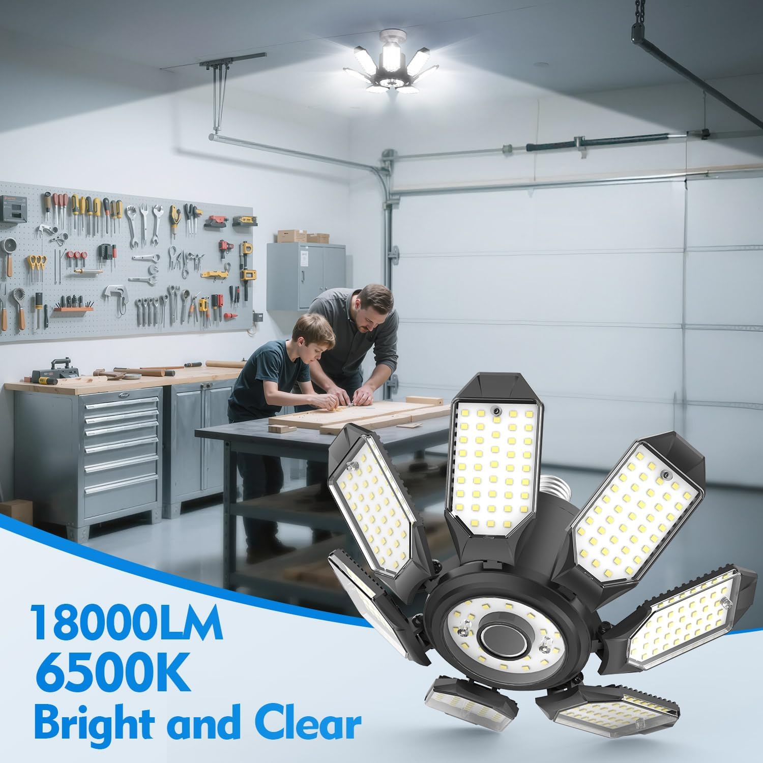 TANBABY 2 Pack LED Garage Lights, 250W Deformable Garage Light Bulb, Total 30000LM 6500K Daylight, 7+1 Adjustable Panels, E26/E27 Screw-in Ceiling Light for Basement