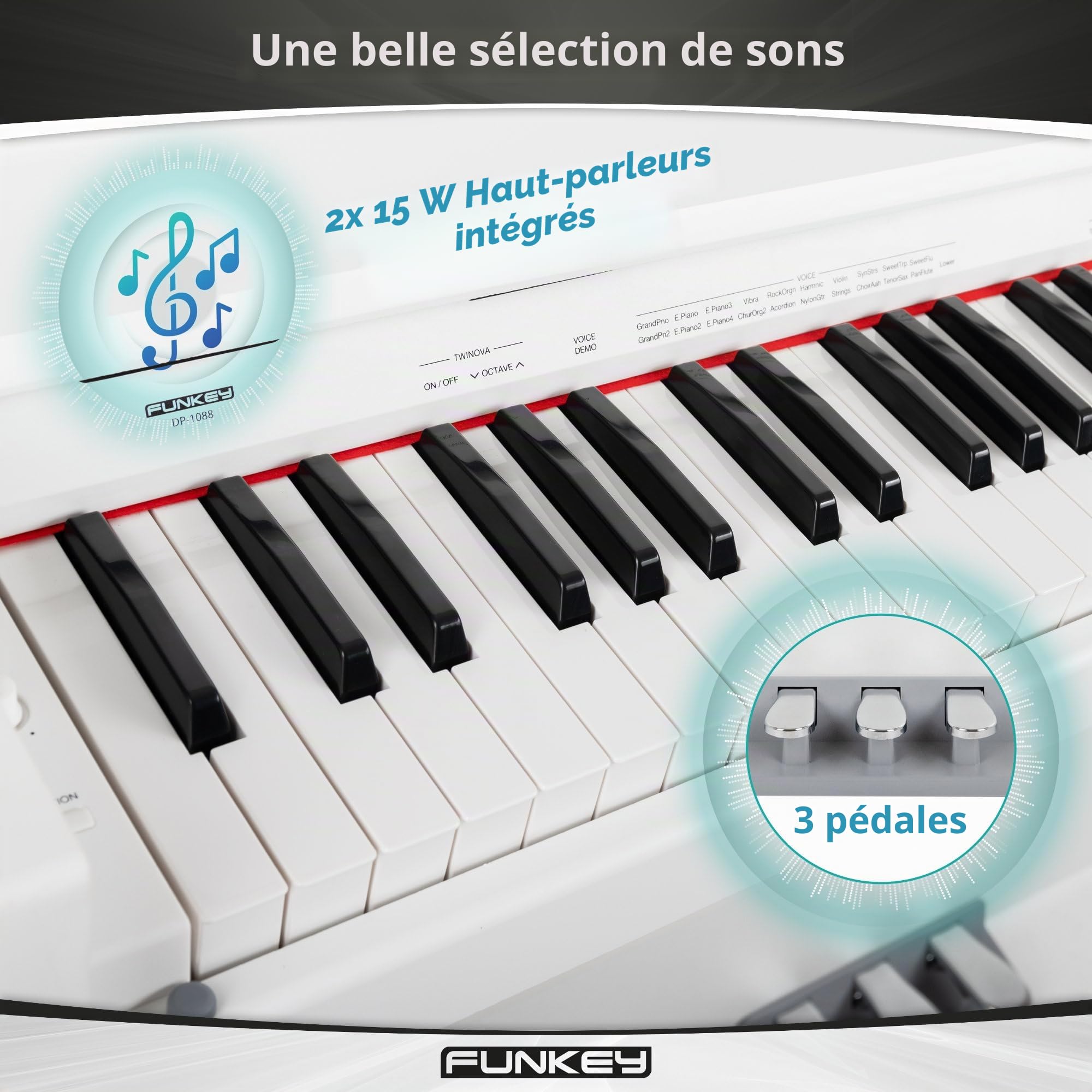 FunKey DP-1088 WM Piano numérique élégant - 88 touches de clavier sensibles à la vélocité et 3 pédales - 20 sons - Haut-parleurs stéréo intégrés et 2 prises pour casque - Blanc mat