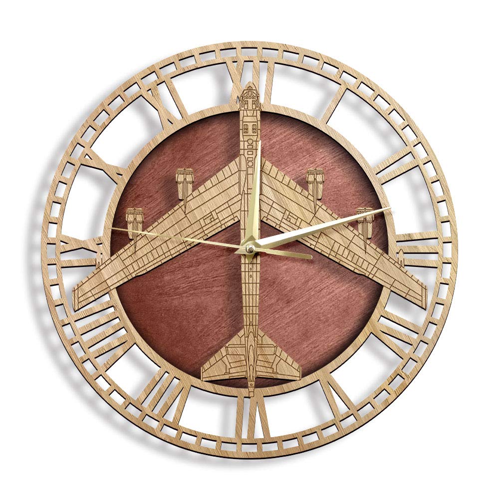 The Geeky Days Boeing B-52 Stratofortress Wooden Wall Clock Air Force Strategic Bomber Aviation Wall Art Hanging Wood Watch Silent Non-Ticking Timepieces
