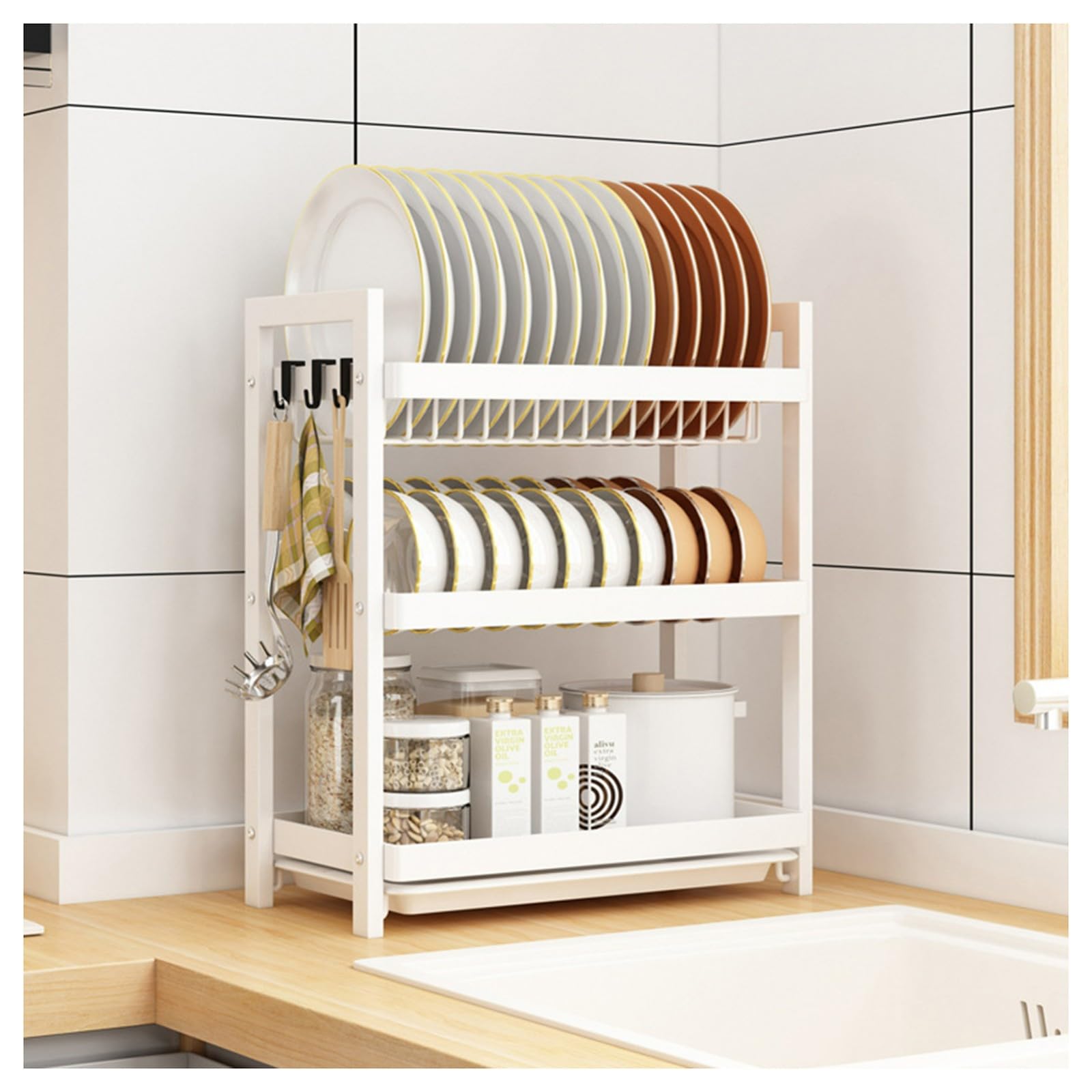 Scolapiatti,scolapiatti con 2 Ripiani di Grande capacità,Organizer da Cucina in Acciaio al Carbonio salvaspazio,portautensili,per Ciotole,Piatti,pentole(Bianco,3 Ripiani)