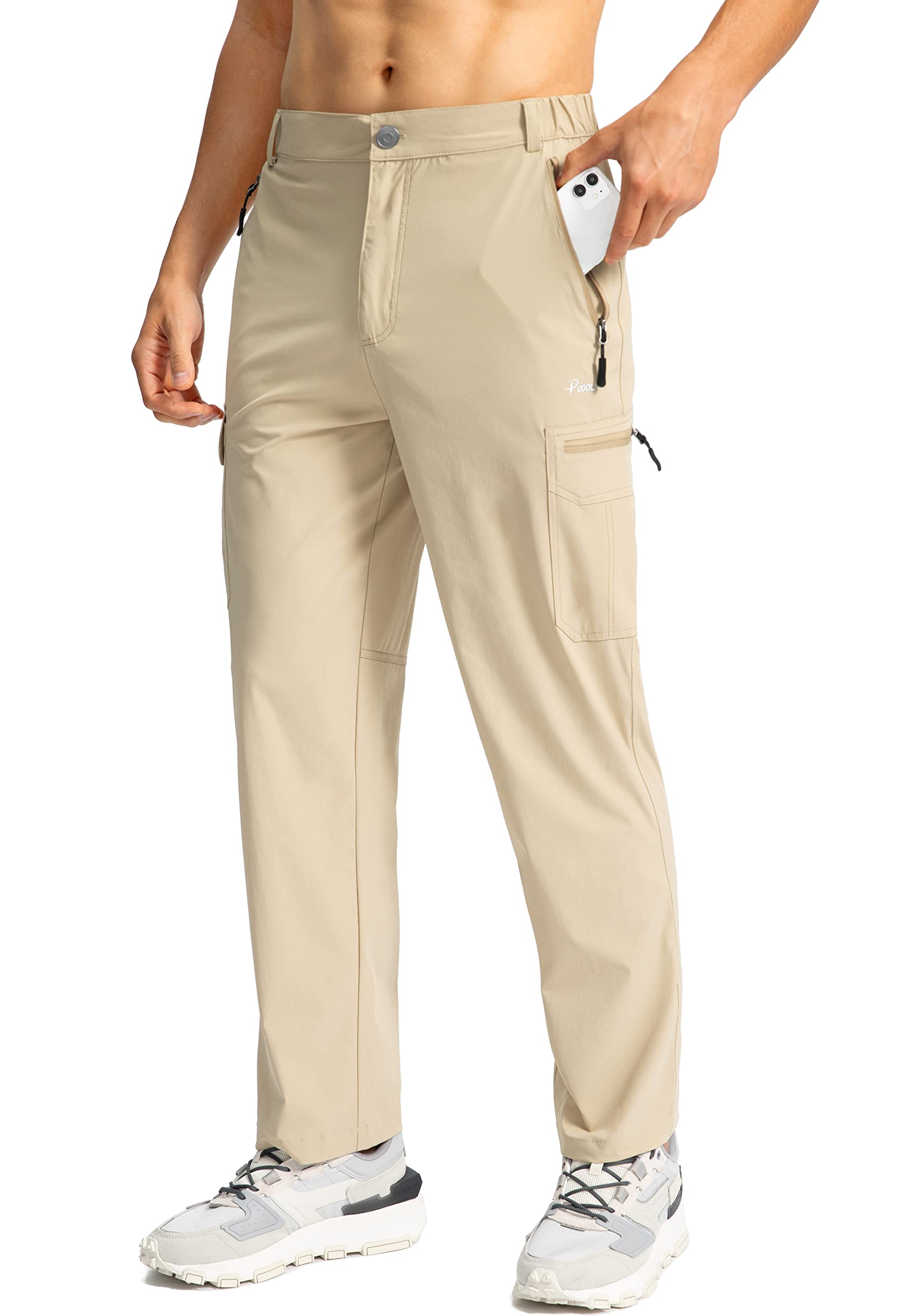 PudollaMen's Hiking Cargo Pants Lightweight Outdoor Travel Pants for Men with Multi-Pockets for Fishing Camping Work, Khaki, Large