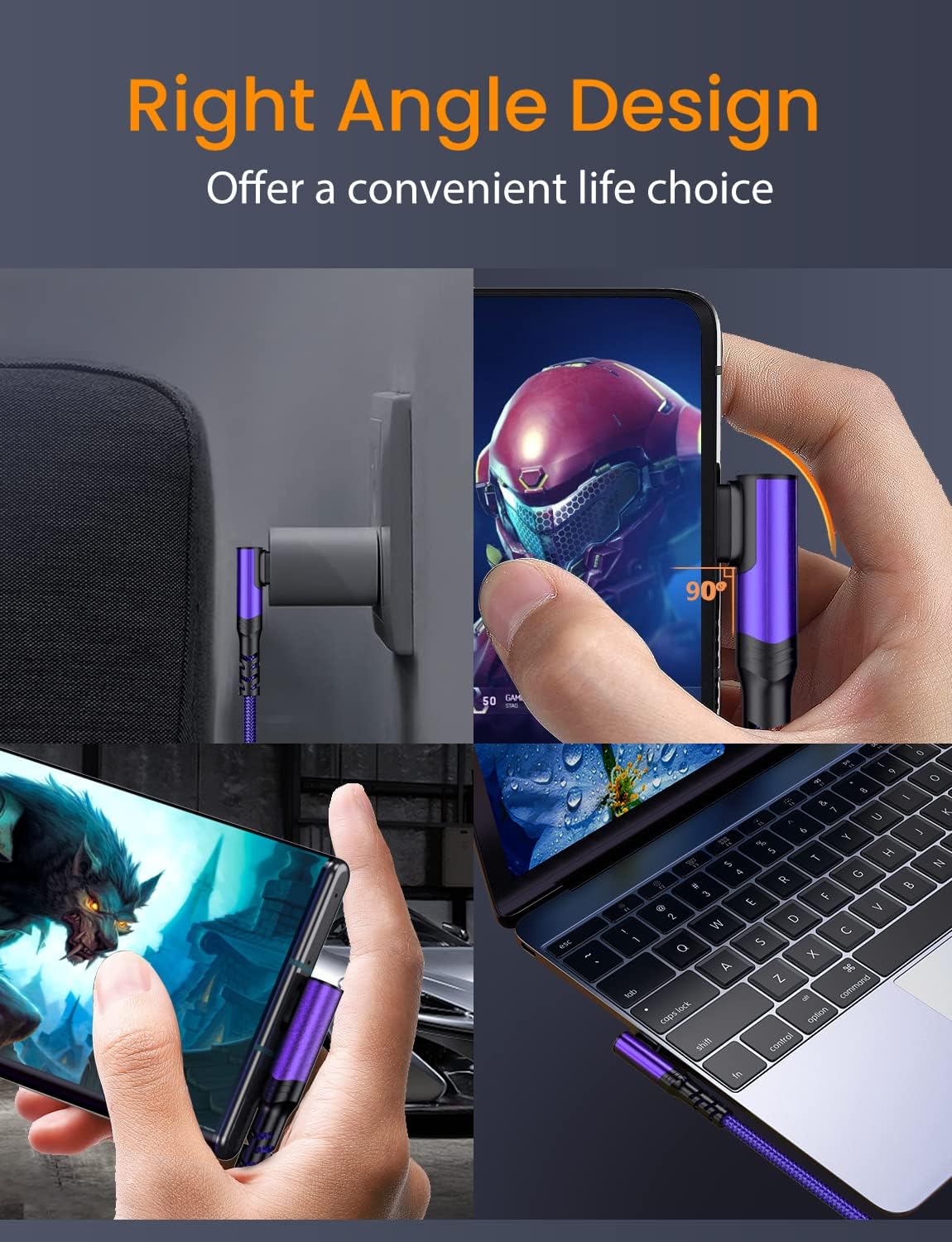 Close-up of the right-angle USB C connector plugged into a smartphone, demonstrating comfortable use while gaming or watching videos.