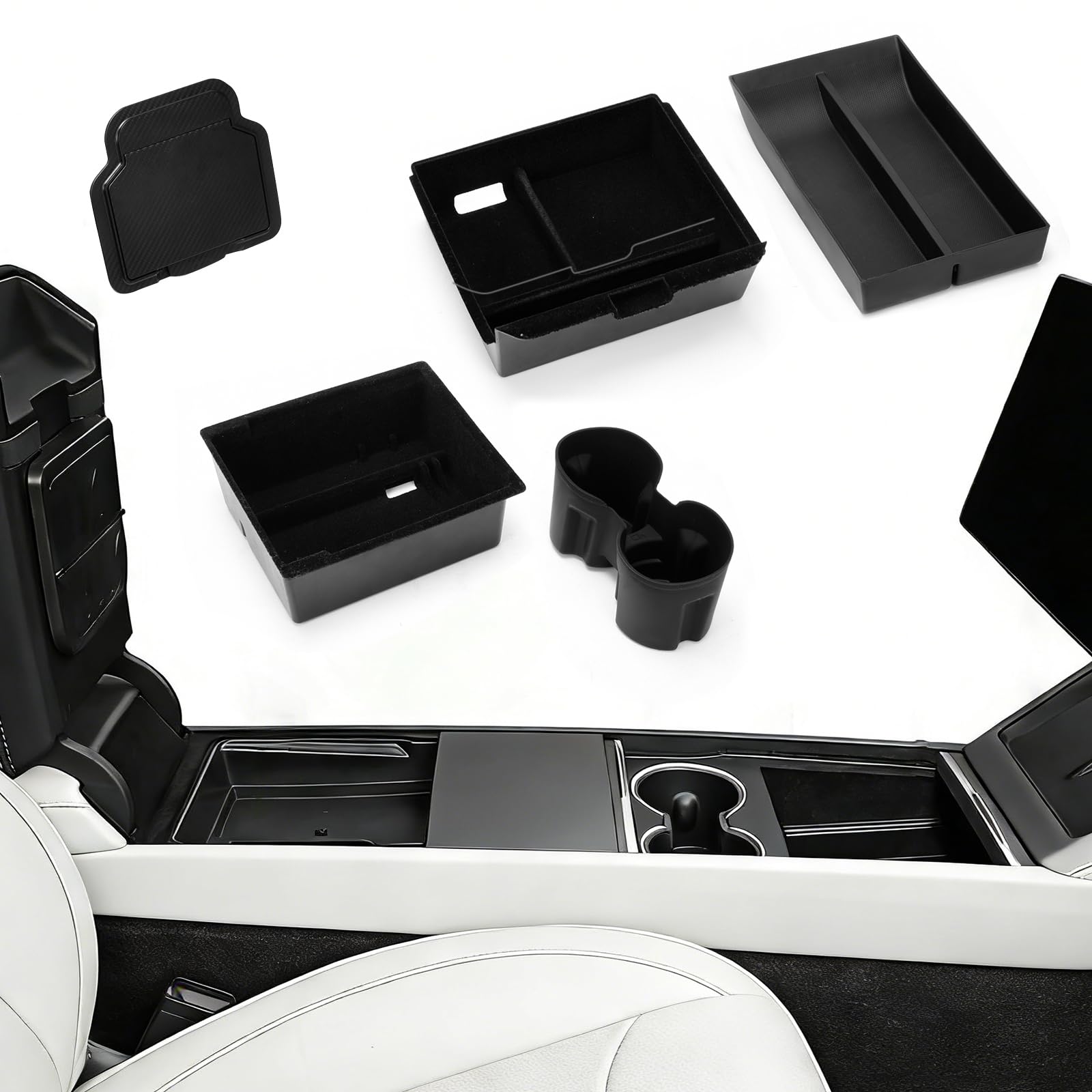 5 PCS Accessoires pour Tesla Model Y Juniper 2025 2026: Boîte De Rangement pour Console Centrale, Plateau en Silicone, Boîte Cachée, Boîte De Rangement pour Accoudoirs Et Porte-Gobelets Zubehör