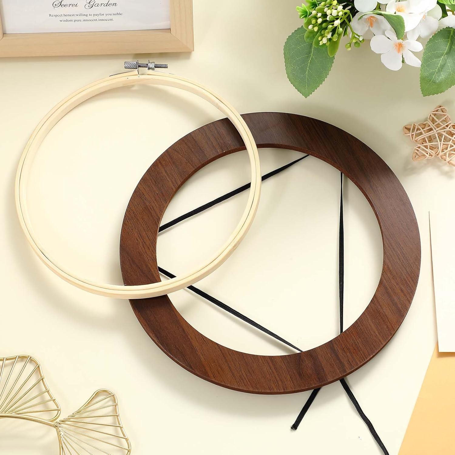RattanView 12 Pcs 8 Inch Wood Embroidery Hoop Frame with Embroidery Hoops Round Finished Cross Stitch Hoop Frame for DIY Art Craft Sewing Ornaments(Walnut)