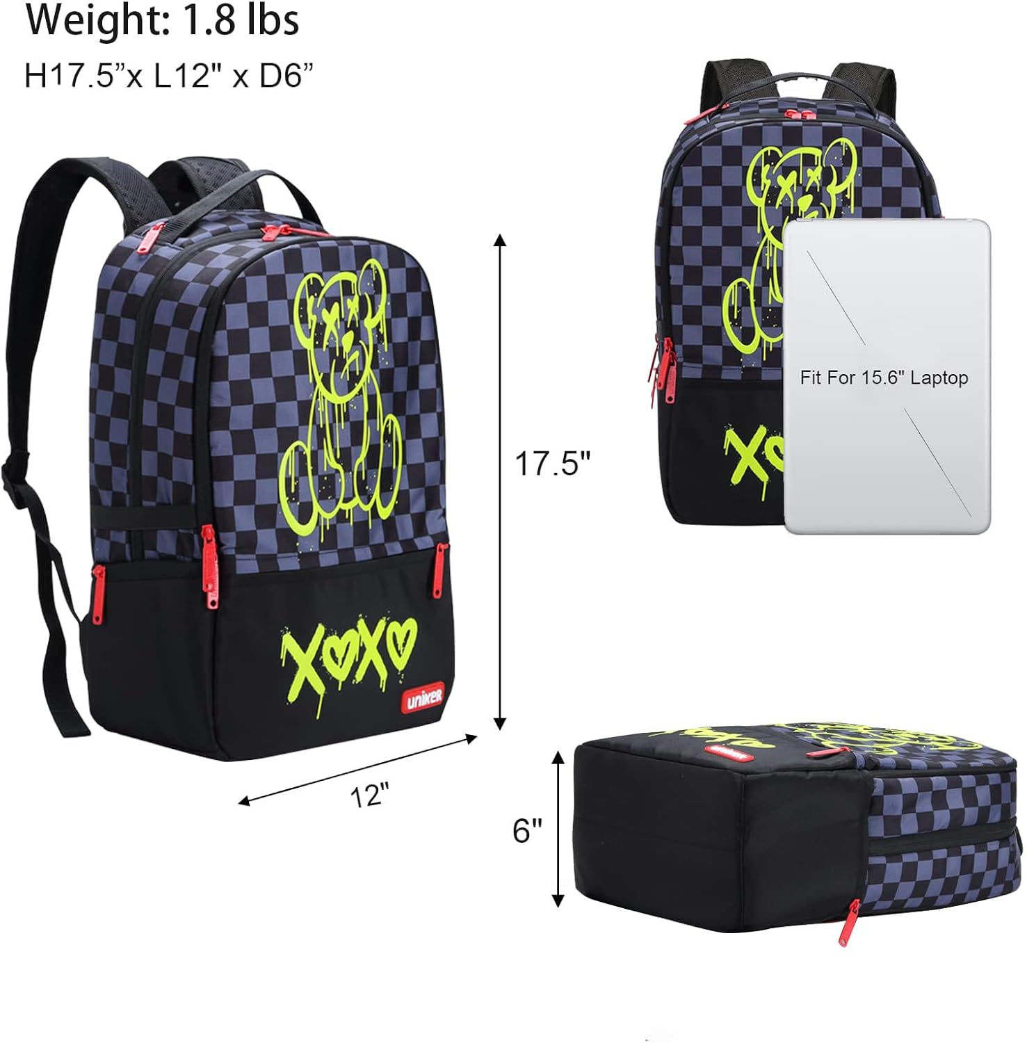 UNIKER Laptop Backpack for Boys,Graffiti Backpack for Men,Cartoon School Backpack,Designer Laptop Backpack for 15.6 Inch,Black Bear - Image 2