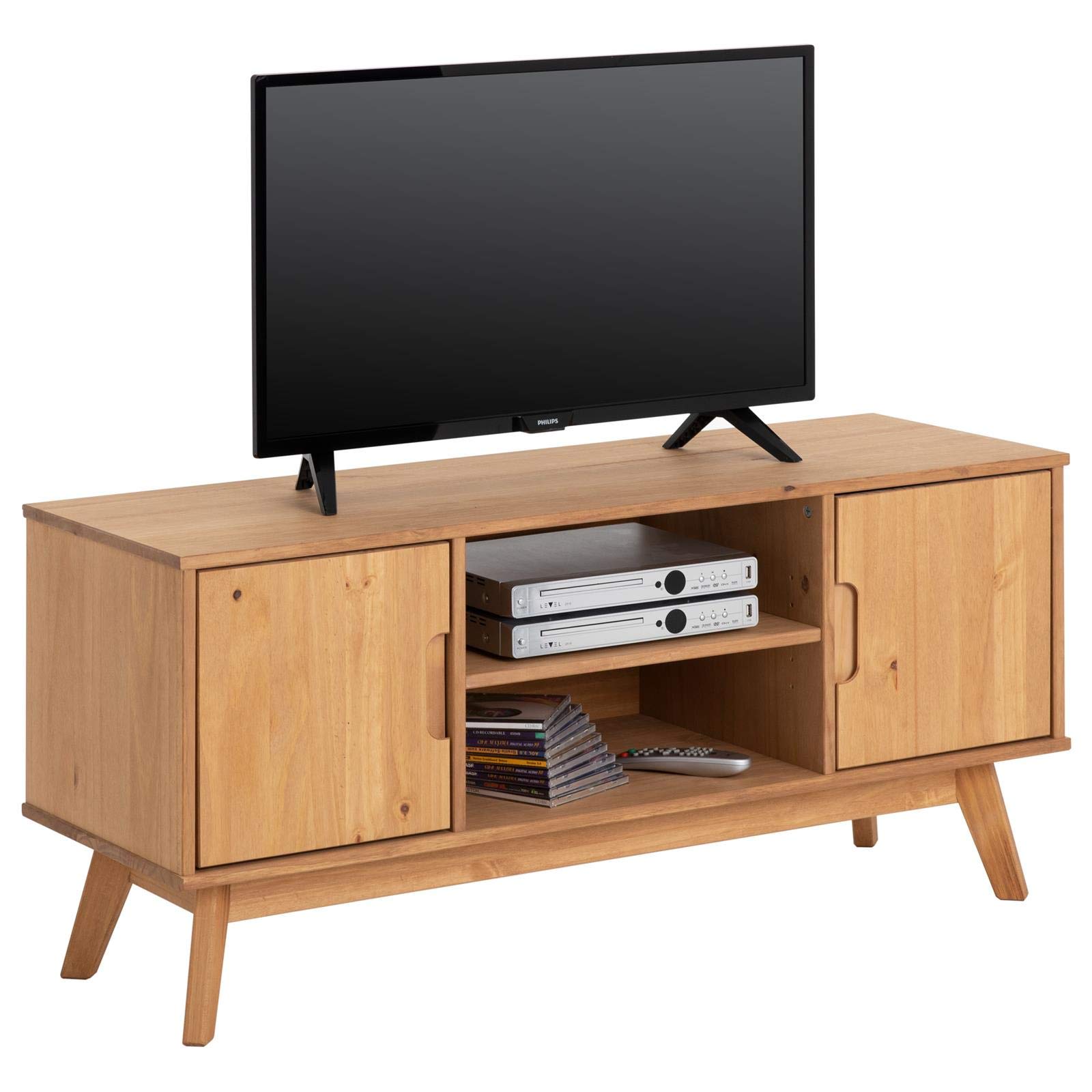 IDIMEX TV Lowboard Tivoli 115cm, Eiche Finish - Kiefer Massivholz, schmaler Fernsehtisch mit Stauraum und offenem Fach, modernes skandi Design
