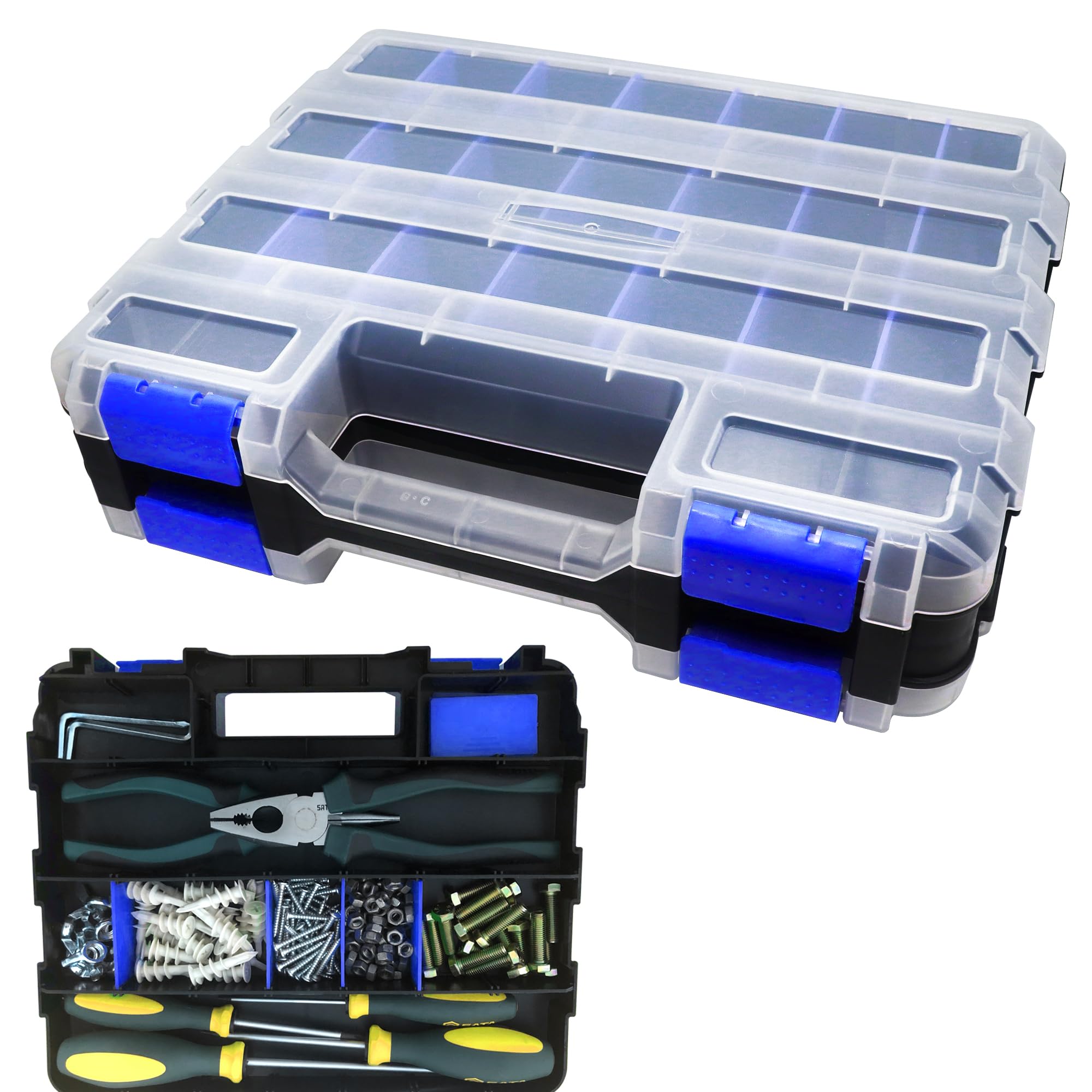 Tools Organizer Box Small Parts Storage Box 50-Compartment Double Side Hardware Organizers with Removable Plastic Dividers for Screws, Nuts, Nails, Bolts, Blue