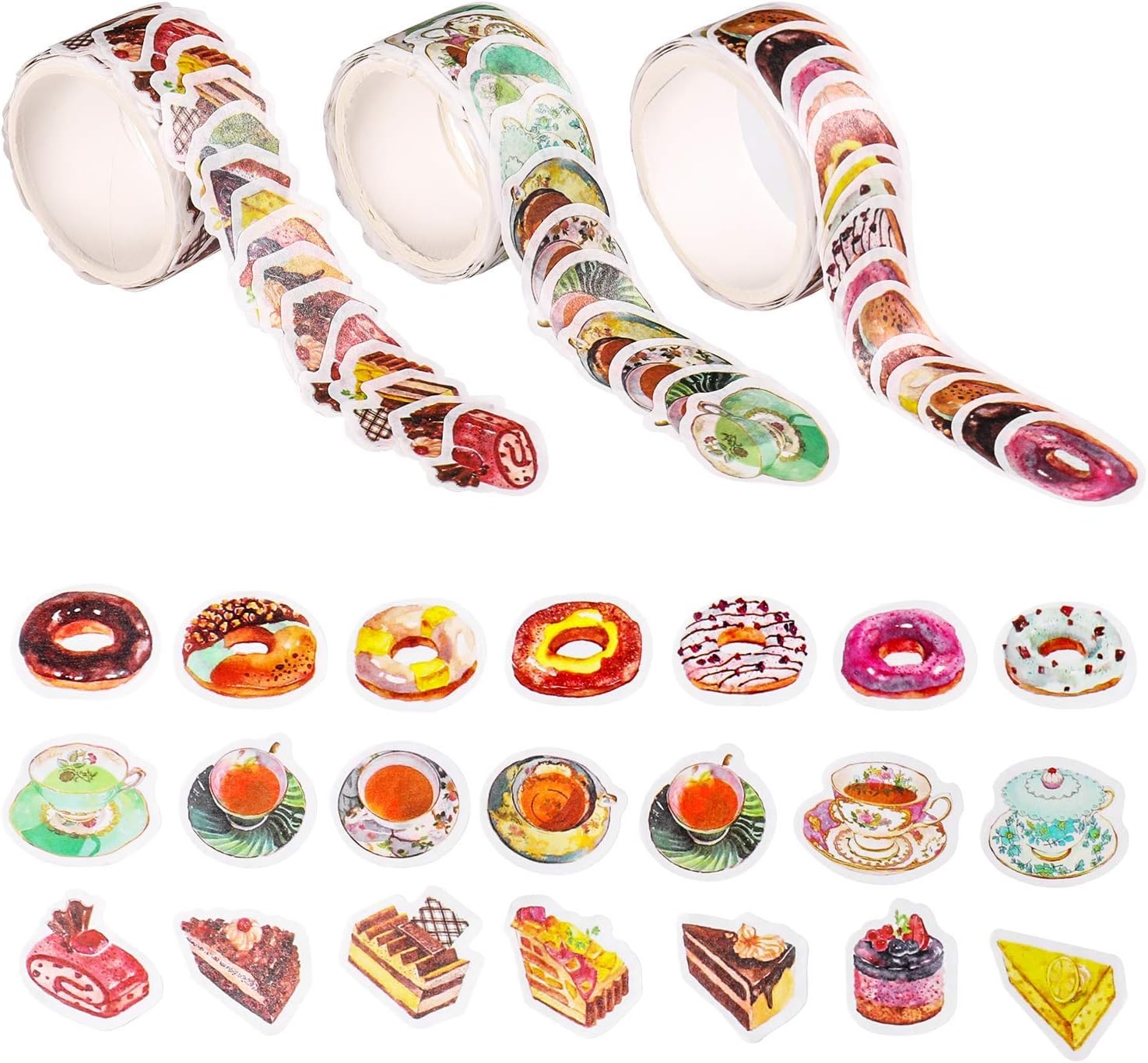 Washi Tape Sticker Rolls - Enjoy Tea Time Series, Decorations for DIY Scrapbooking, Bullet Journal & Planner Supplies, Adhesive Kawaii Stationery School Supplies (3 Rolls, 240 PCS)