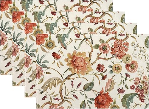 Boho Floral Placemats Set of 4 Vintage Watercolor Flower Decor Place Mats 12x18 