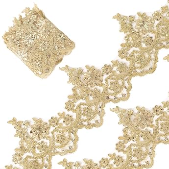 GORGECRAFT Venice Lace Trim Gold Metallic 2.7 m 13 cm Wide Sequins Flower Embroidery Lace Ribbon Applique for Sewing Floral Lace Crown Edge Trim for DIY Crafts Clothing Wedding