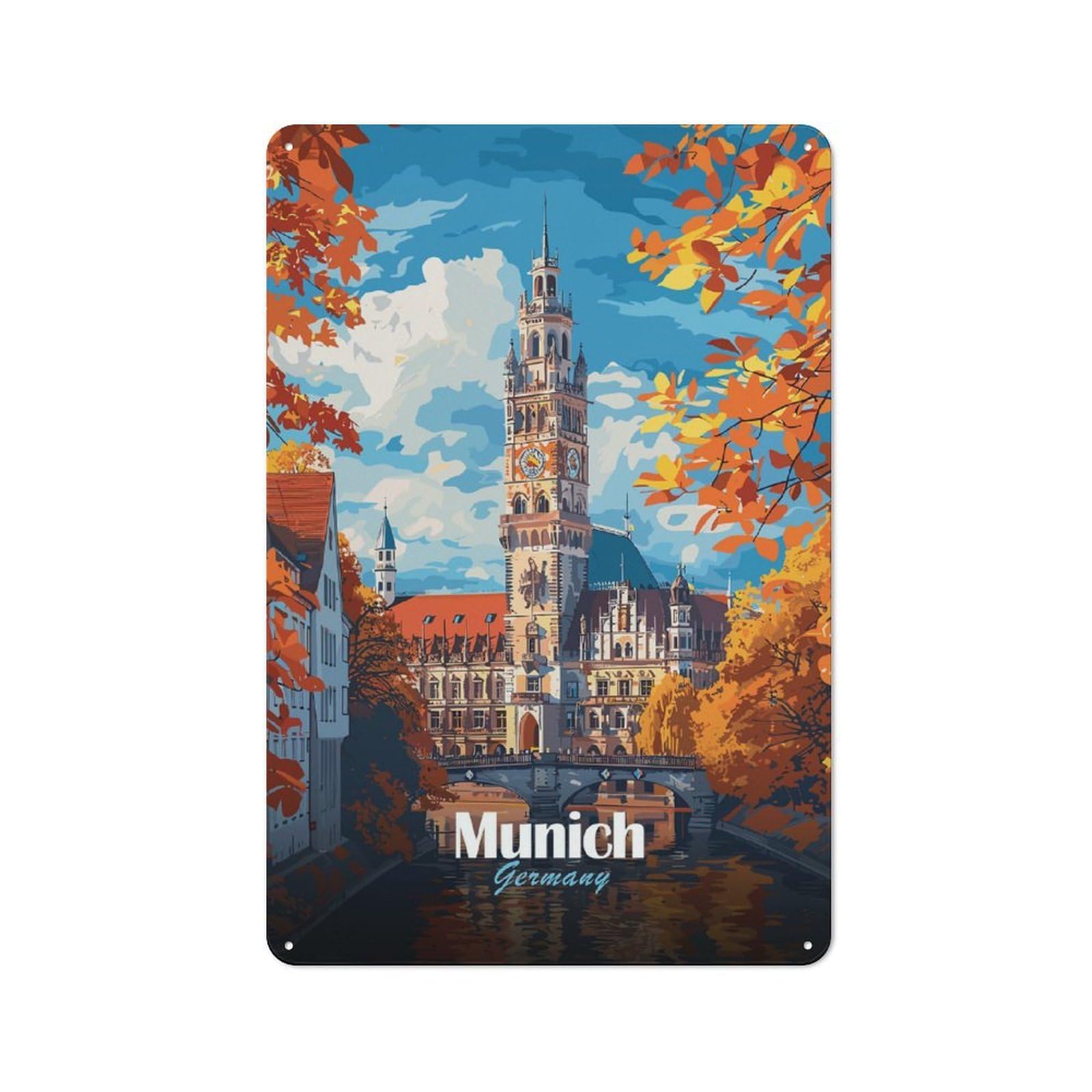 Decorative Tin Sign with Munich Cityscape Painting Design 30x20cm, Nostalgic Old Style Wall Plaque for Living Room, Hallway, Kitchen Or Cafe