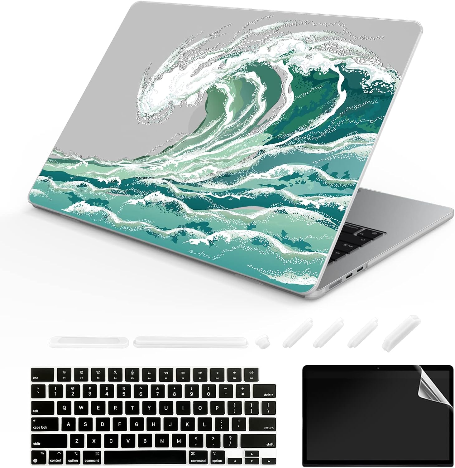 Suitable for MacBook Air 13.6 inch Case 2022 Release Model: A2681 M2 Chip, Printed Pattern Plastic Matte Hard Shell & Laptop Sleeve & Keyboard Cover for Mac Air 13.6, Waves 1