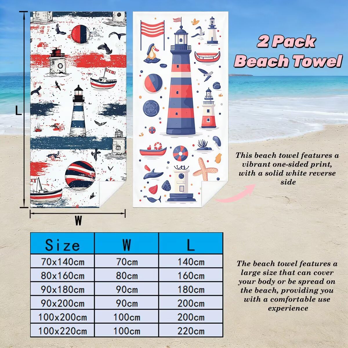 Toalla Playa 80x160 cm, Toalla Gimnasio Microfibra Secado Rapido, Juego de 2 Antiarena Toallas de Playa, Ligera Compacta Toallas Microfibra Grande para Viaje, Regalo Hombre Regalo Mujer (Faro) -4965
