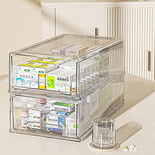 Paquete de 2 cajas de almacenamiento de primeros auxilios transparentes para baño, gabinete, armario. Organiza medicamentos, ungüentos, vendajes