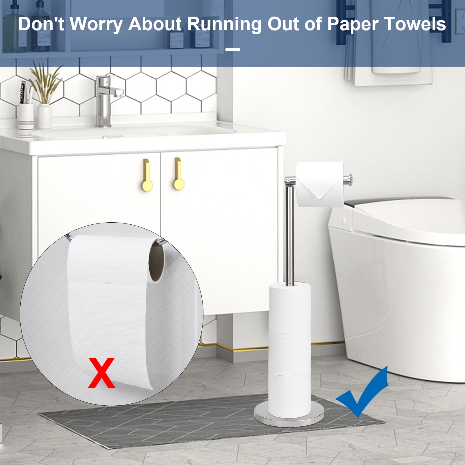 NearMoon Bath Toilet Paper Holder Stand- Modern Tissue Roll Holder Freestanding with Balanced Base, Rustproof Toilet Roll Holder for Bathroom/Kitchen Countertop (Brushed Nickel, Stainless Steel Base) — Amazon image 3