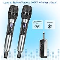 Vista 5 de Sistema de karaoke de micrófono inalámbrico con receptor Bluetooth recargable, micrófono inalámbrico dinámico de mano profesional, rango UHF de 200