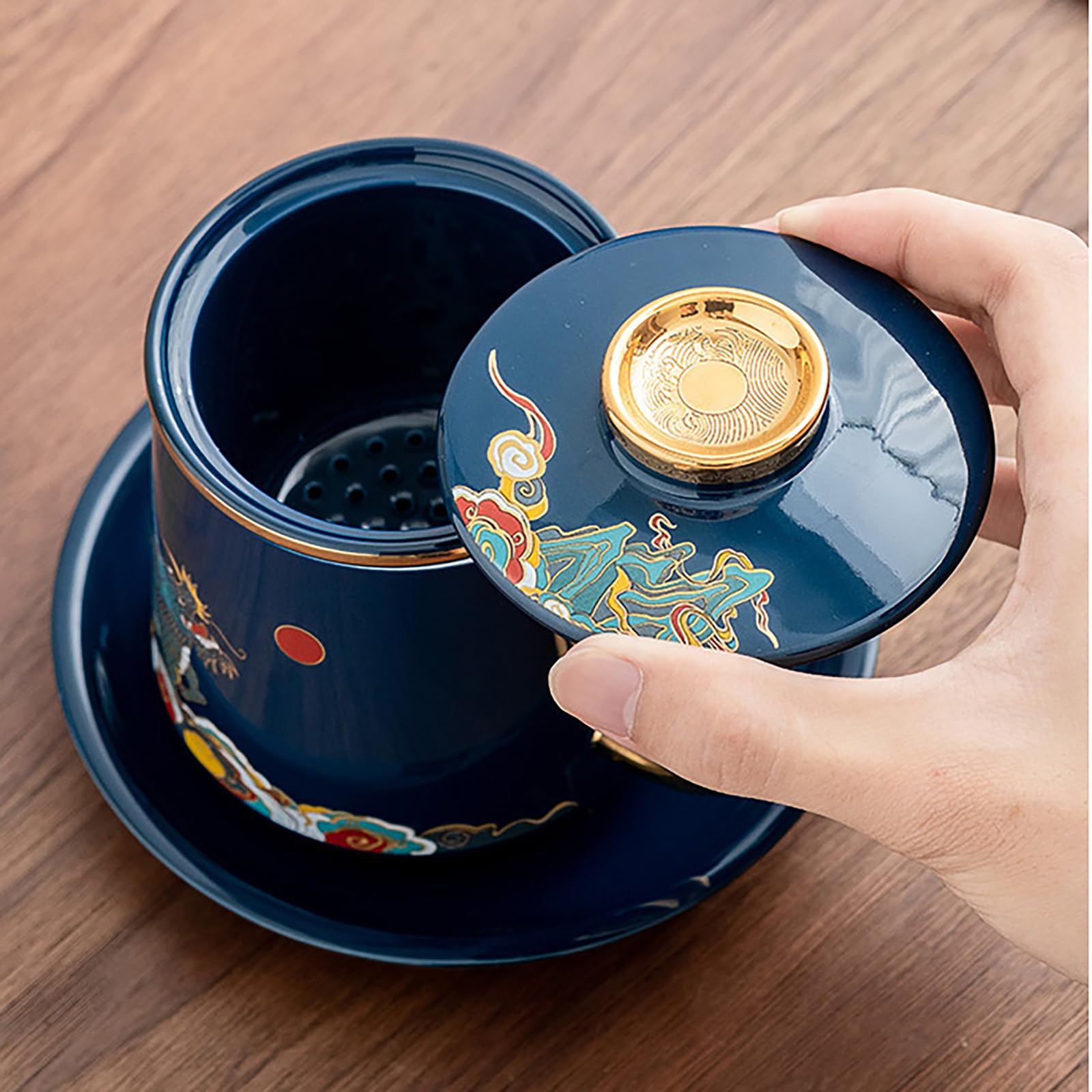 Tazza con infusore e coperchio, per tè sfuso, per tè sfuso, tazza da ufficio, tazza in ceramica con coperchio, separazione del tè, tazze da tè per uso domestico (ciano)