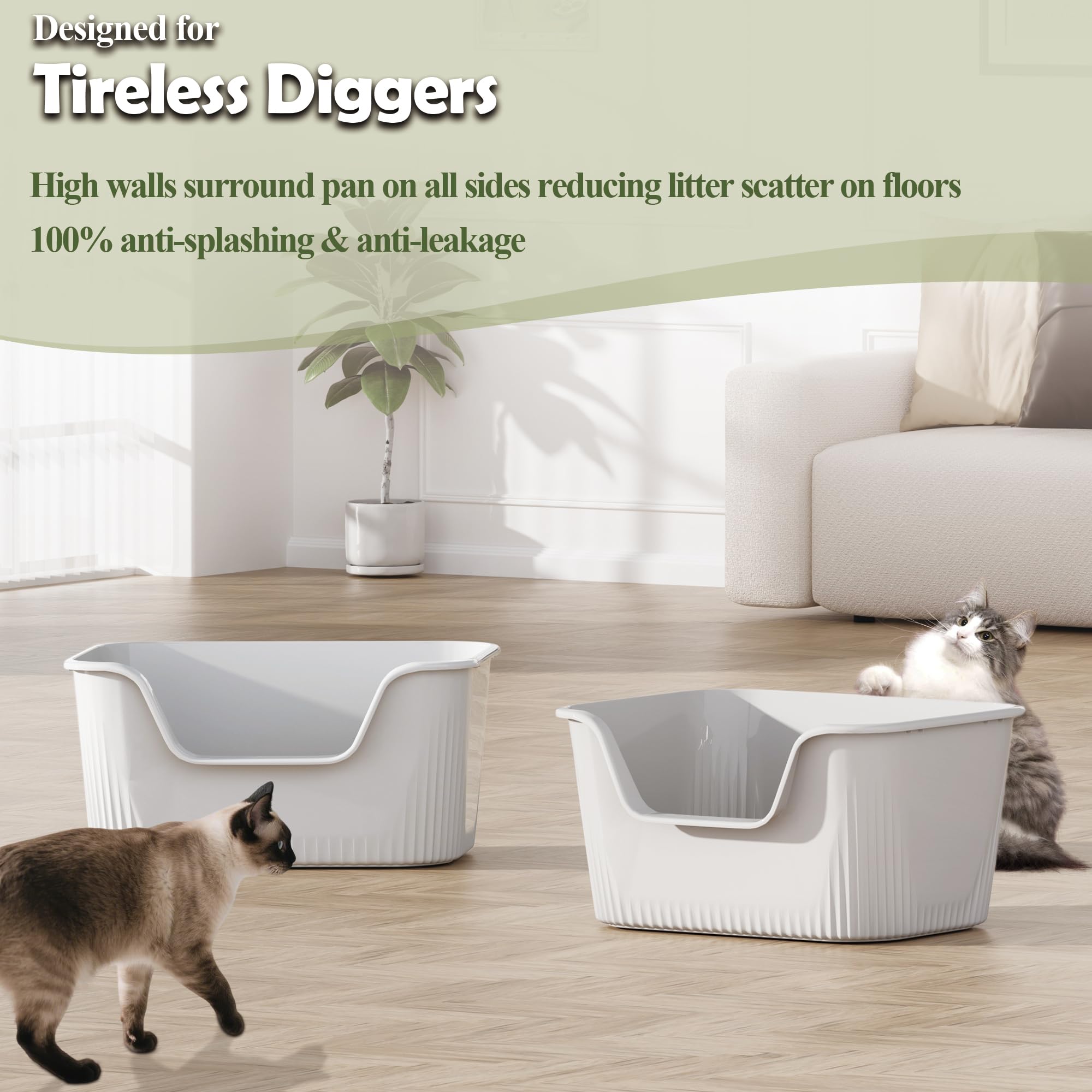 Vealind Bandeja de arena para gatos de cara alta con entrada lateral, 2 cajas de arena para gatos con pala de arena, 100% a prueba de fugas, antisalpicaduras, bandeja de arena profunda para gatitos