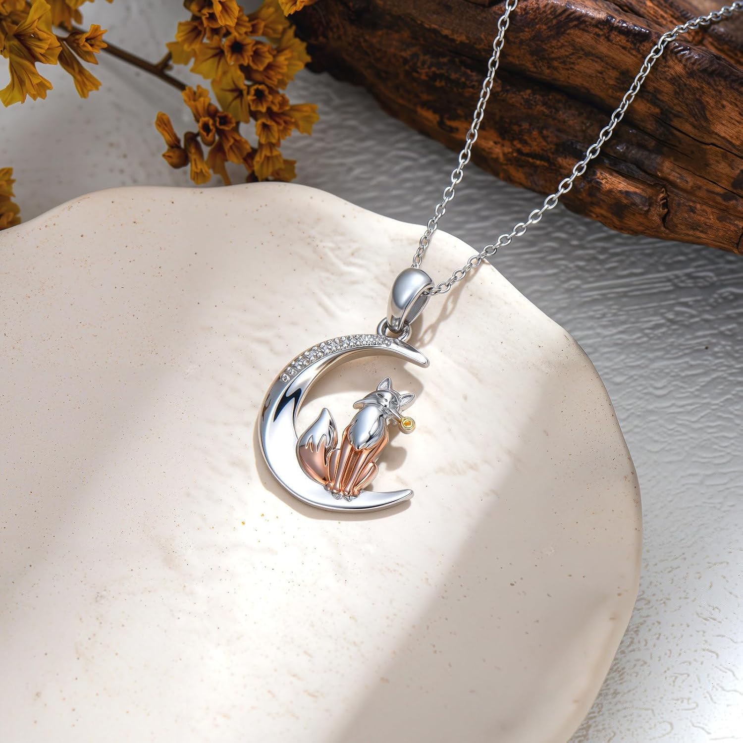 Diamond Fox Necklace for Women 925 Sterling Silver Moon Fox Pendant Neckalce Celestial Animal Jewelry, Whimsical Gift for Women & Nature Lovers - Image 5