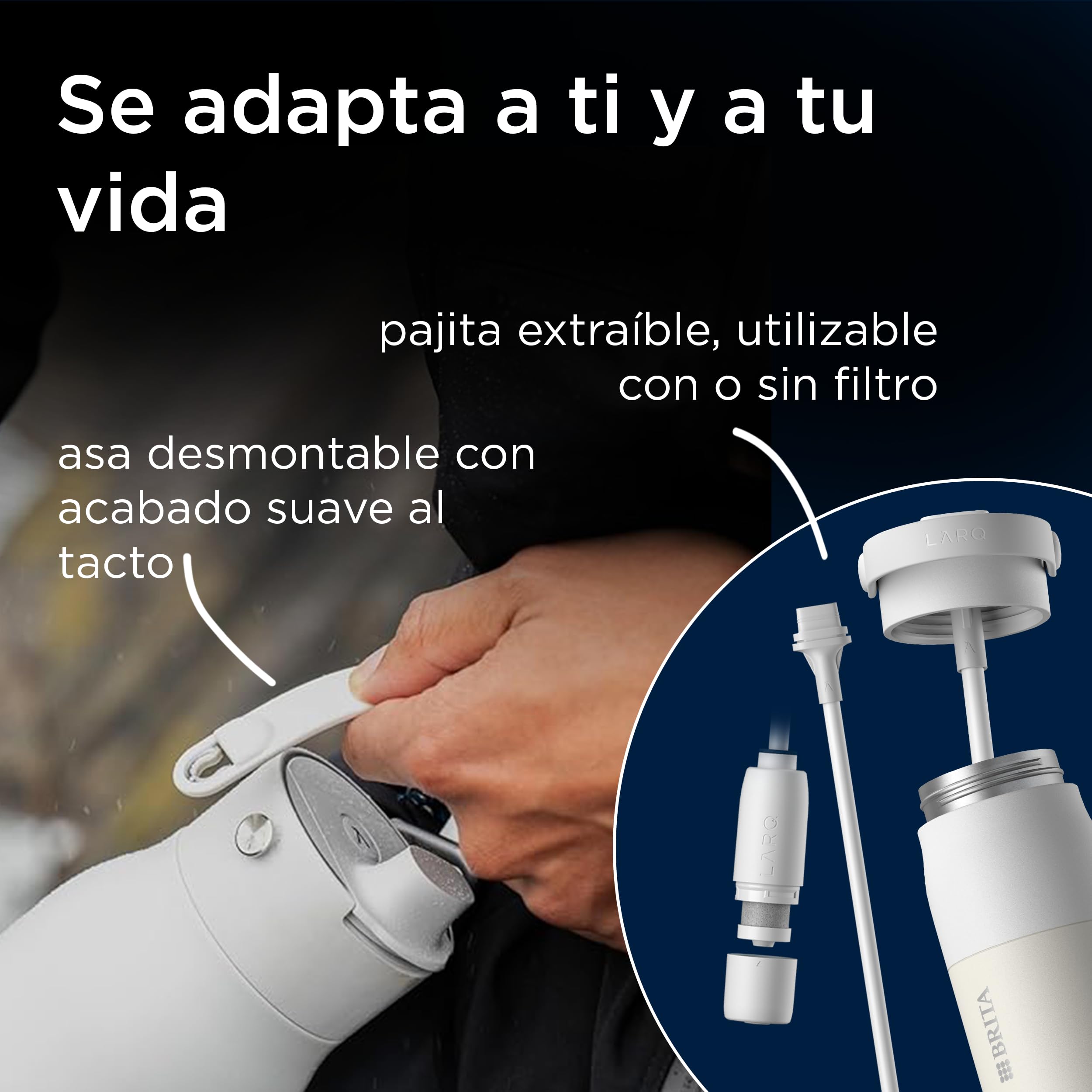 BRITA LARQ iQ Botella filtrante Blanco 680 ml con seguimiento inteligente de hidratación, filtro de carbón activado y autolimpieza UV‑C