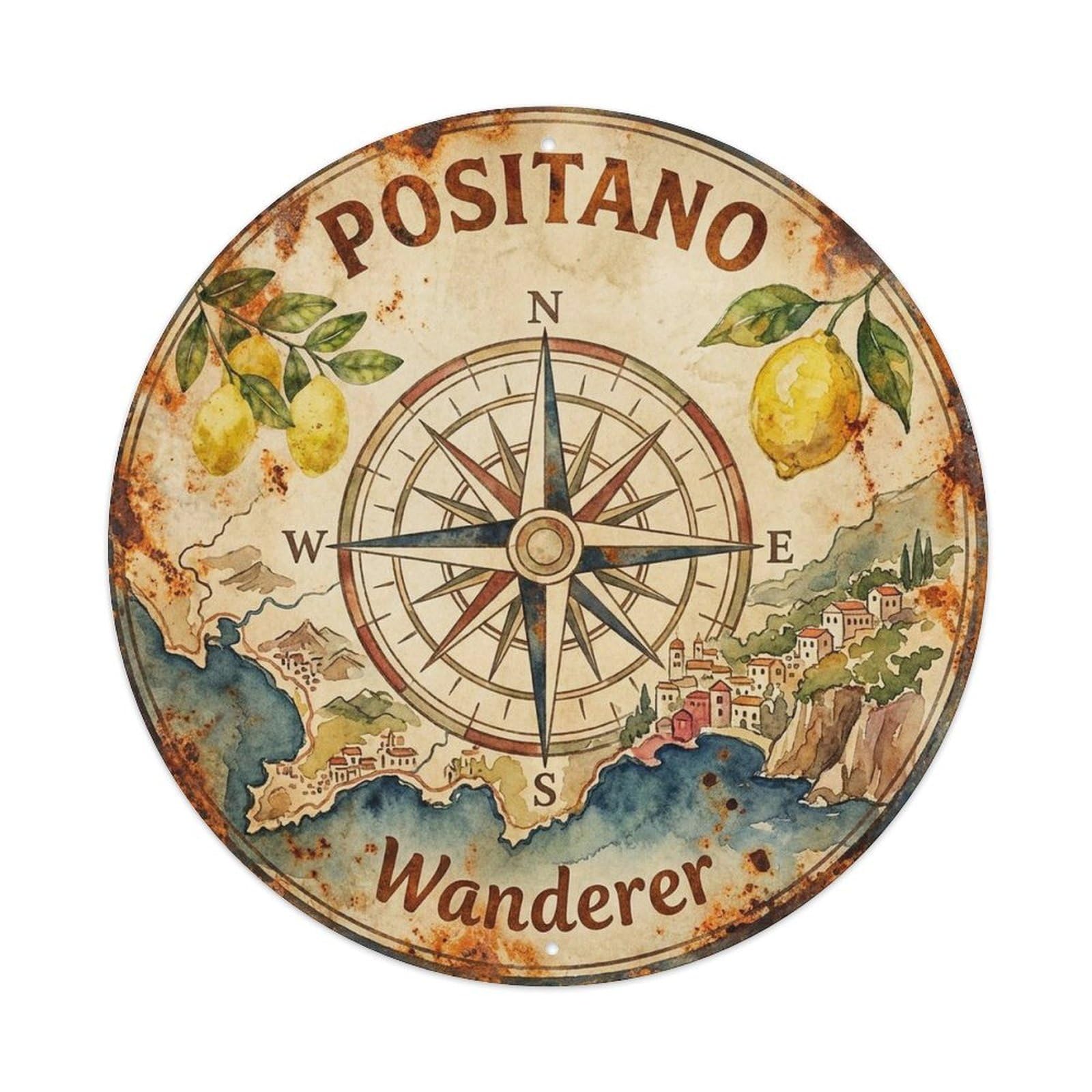 Southern Positano Seaside Panorama Classic Coastal Metal Tin Sign Plaque Wall Decor for Cafe, Man Cave, Club Bar, Office, Home Garden Round Metal Poster 8x8Inch