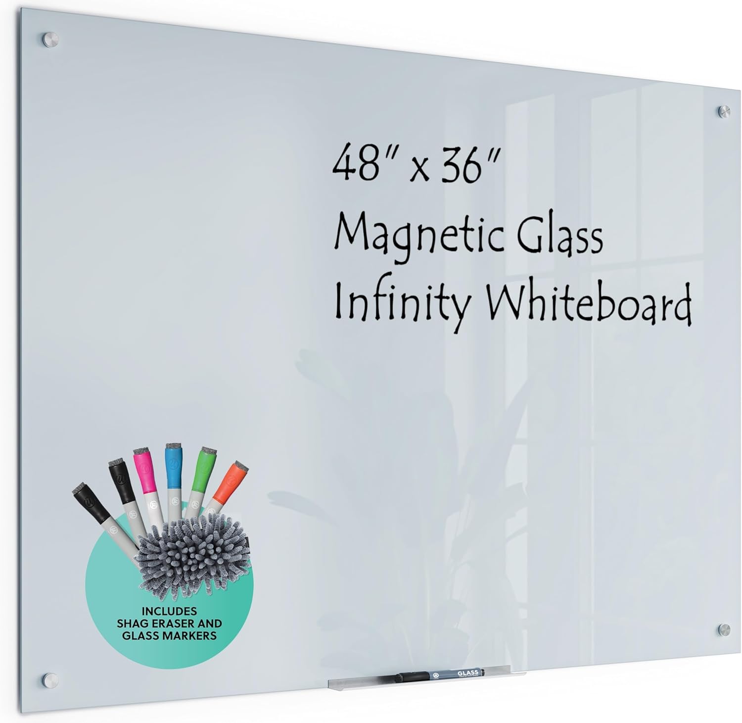 U Brands White Frosted Glass Magnetic Dry Erase Board with Shag Eraser, Markers, and Magnets, Frameless, 18" Tray, 48" x 36"
