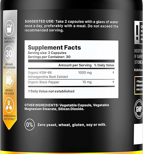 Miniatura 3 de Suplementos orgánicos de Ashwagandha - KSM-66 - 60 cápsulas veganas - Suministro para 30 días  Ashwagandha pura para mujeres y hombres  Alternativa