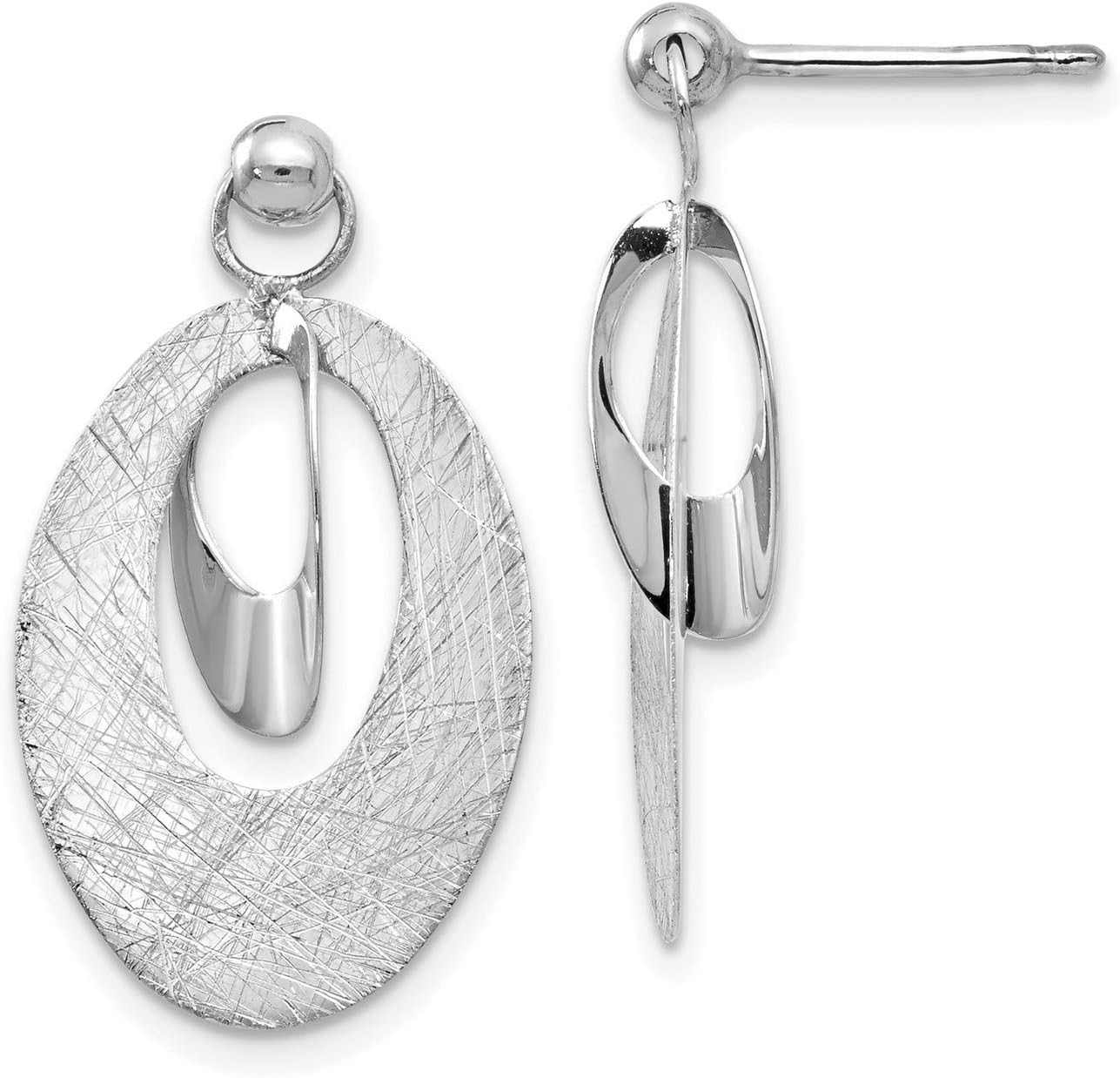 14k White Gold Dangle Earrings for Women with Modern Oval Drop Design, Brushed Texture and Polished Finish, Lightweight Contemporary Statement Jewelry for Daily Wear or Elegant Occasions 24x25 mm