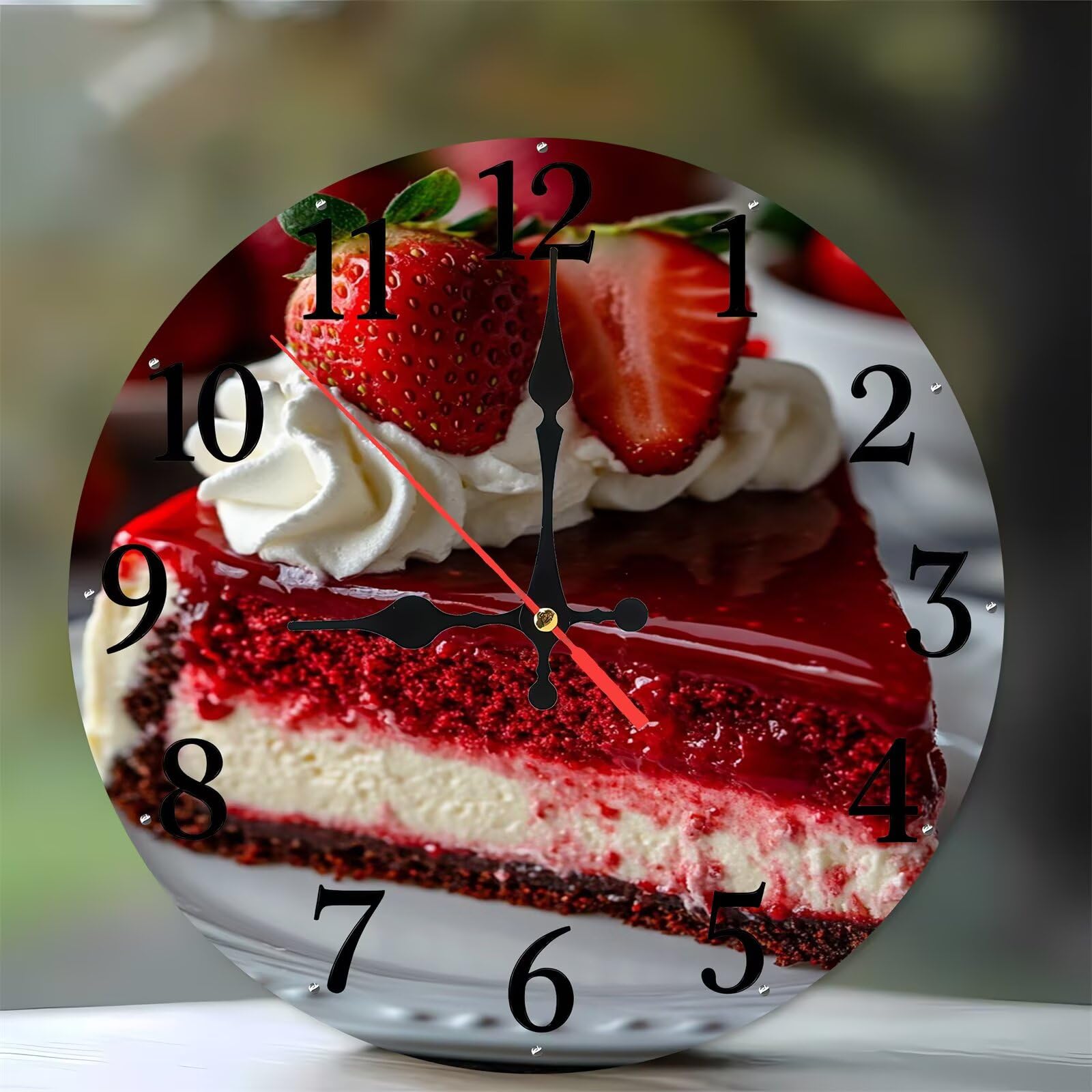Horloge murale de 35 cm motif gâteau aux fraises en bois moderne et silencieuse