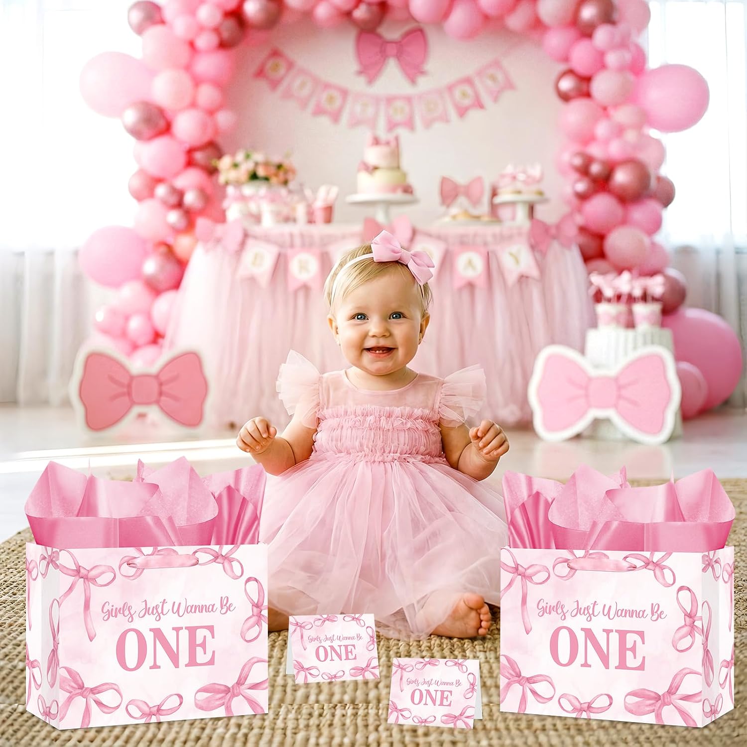 Pink Bow 1st Birthday Gift Bag for Baby Girls Just Wanna Be One Birthday Wrapping Paper Bag with Tissue Paper Greeting Card for Kids Watercolor Bow 1 Year Old Bday Baby Shower Gender Reveal image 3