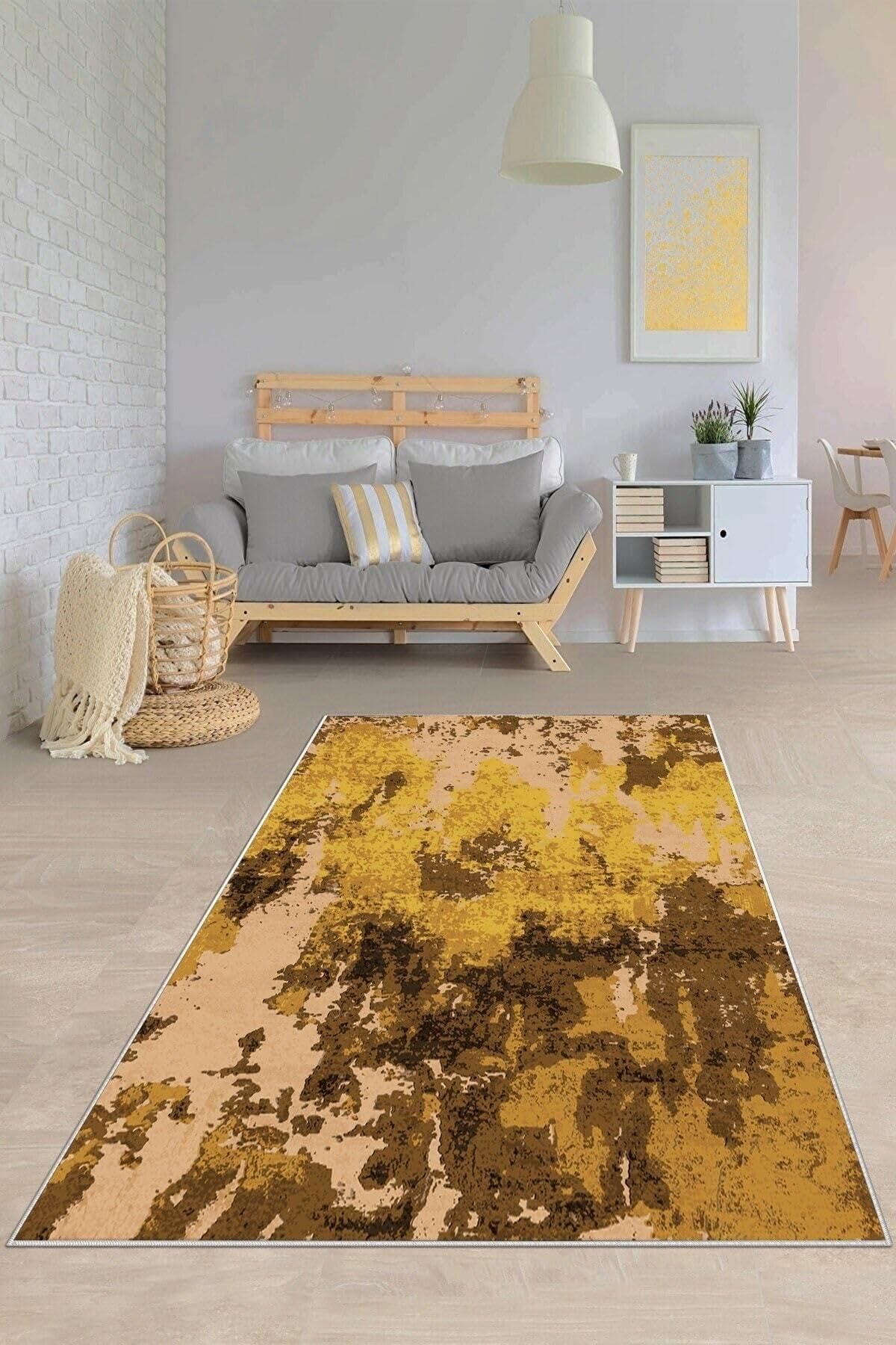 Pelangi Sarı Renkli Kum Desenli Yıkanabilir Kaymaz Taban Leke Tutmaz Modern Salon Halısı Ve Yolluk, Sarı-Taba 100 x 200, 135818710020005