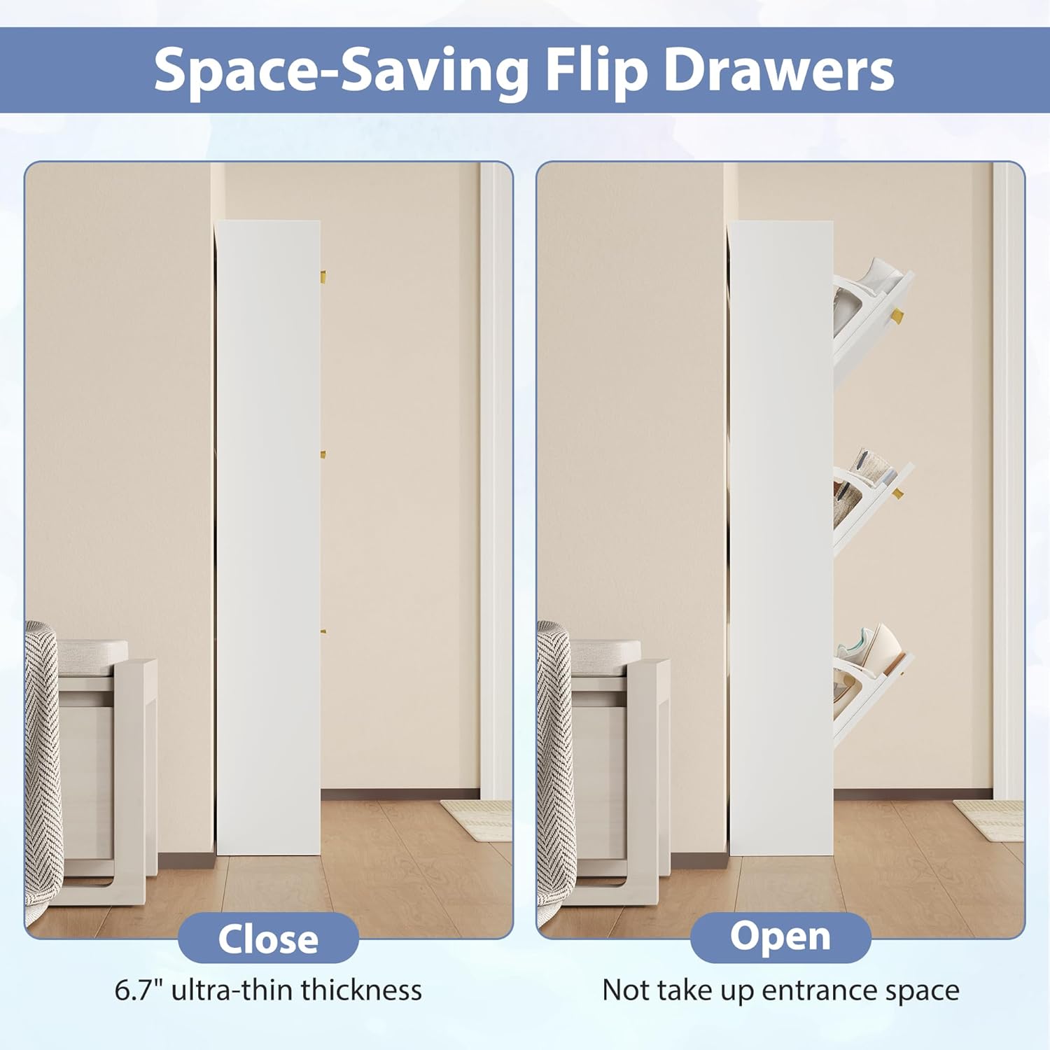 Side view of the shoe cabinet showing it closed and open, highlighting its thin profile