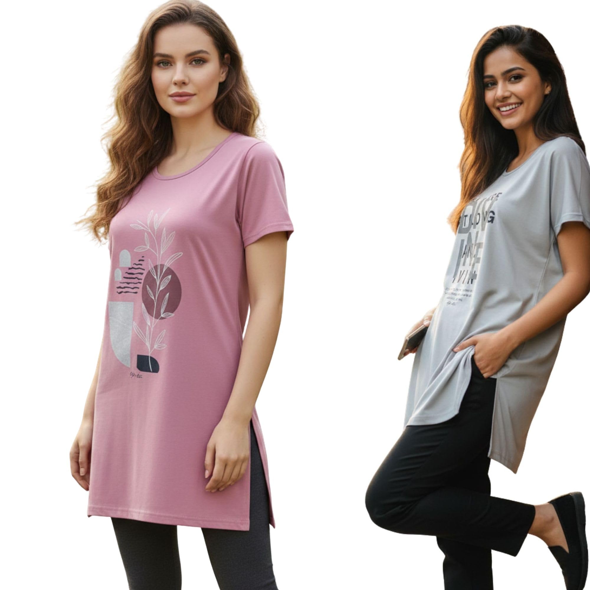 top ten Womens T Shirt Round Neck Long Length Relaxed Fit Cotton Rich Fabric (Pack of 2)-picture-48
