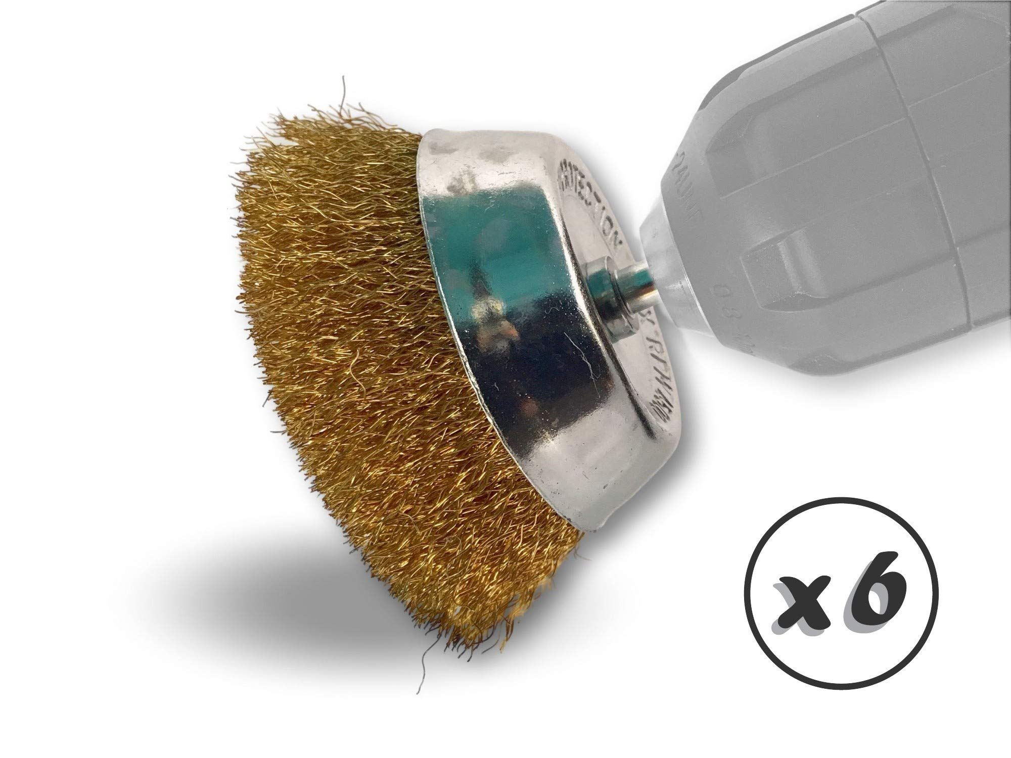 Metalowa szczotka obrotowa do cięcia Ø 75 mm | Zestaw 6 | Na trzonku Ø 6 mm | Nici mosiężne Ø 0,20 mm miękkie | Do wiertarki lub wkrętarki z uchwytem | Kibros 2575LVx6