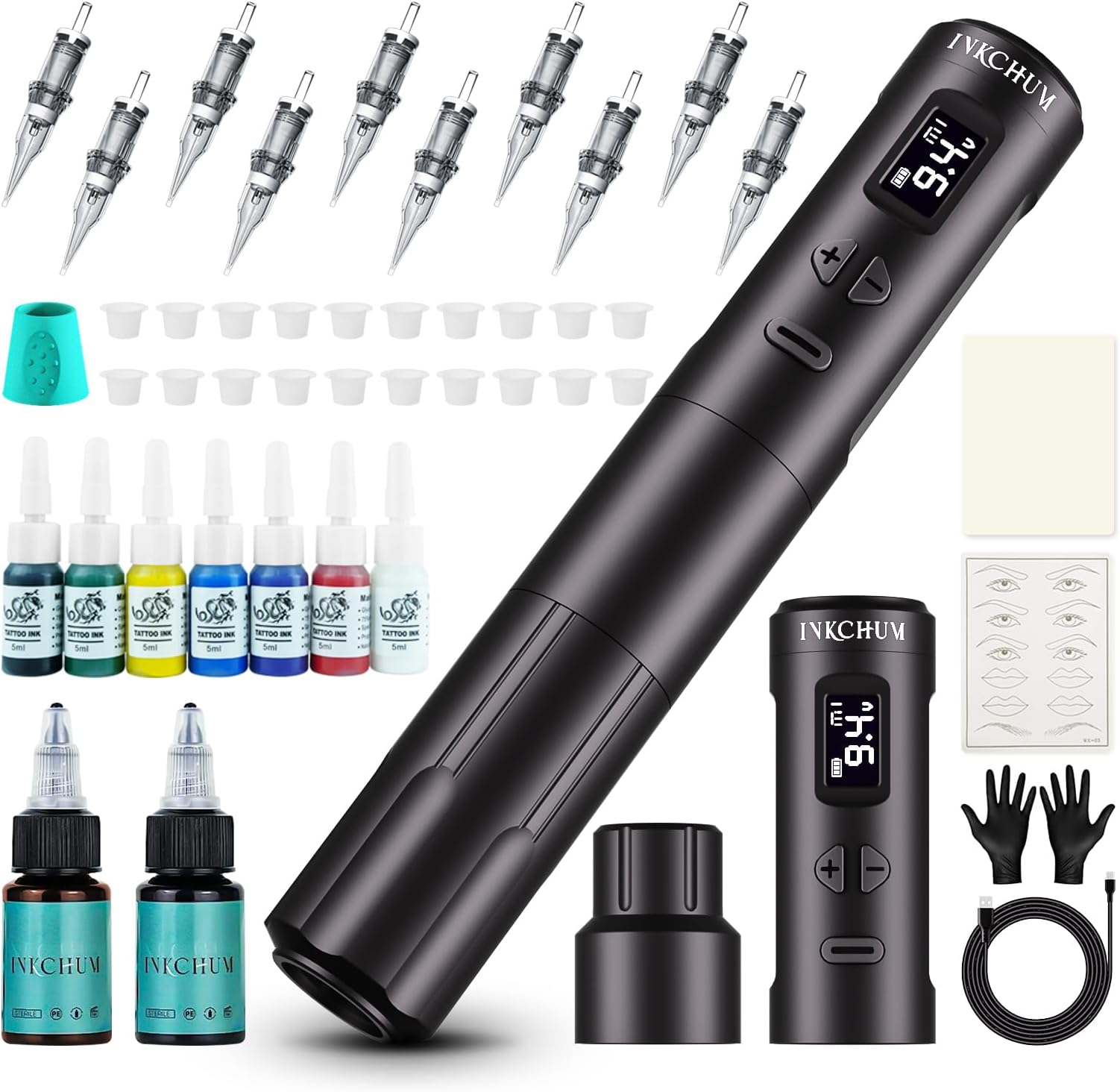 K6003 Microblading Tattoo Gun Kit, Wireless Tattoo Machine Permanent Makeup Machine Kit with 2 Batteries Oled Display 10W Coreless Motorfor 10Pcs Needles for Brow Lip Eyeliner (Black, K6003)
